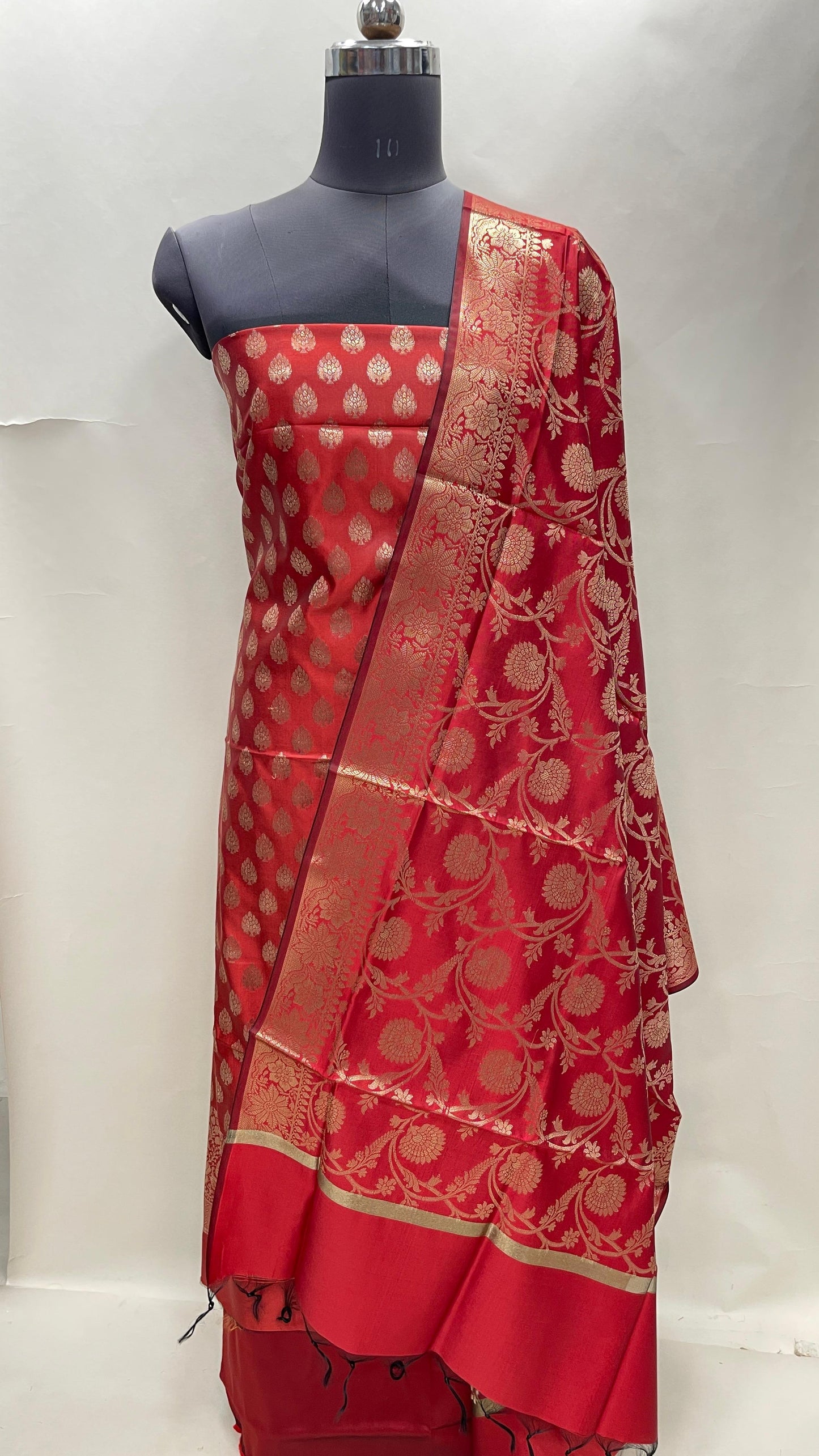 Red art silk suit set with floral zari bootas and matching dupatta. SHL_69