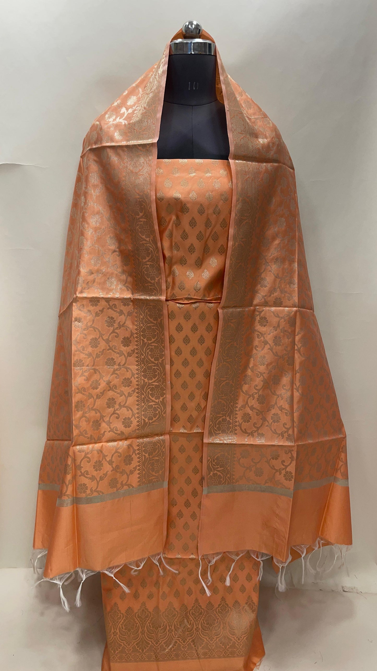 Peach art silk suit set with floral zari bootis and matching dupatta. SHL_63