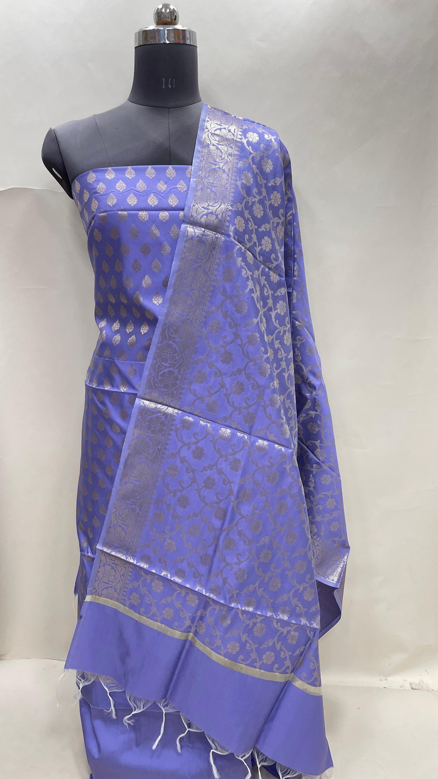 Purple art silk suit set featuring floral zari bootis and matching dupatta. SHL_61