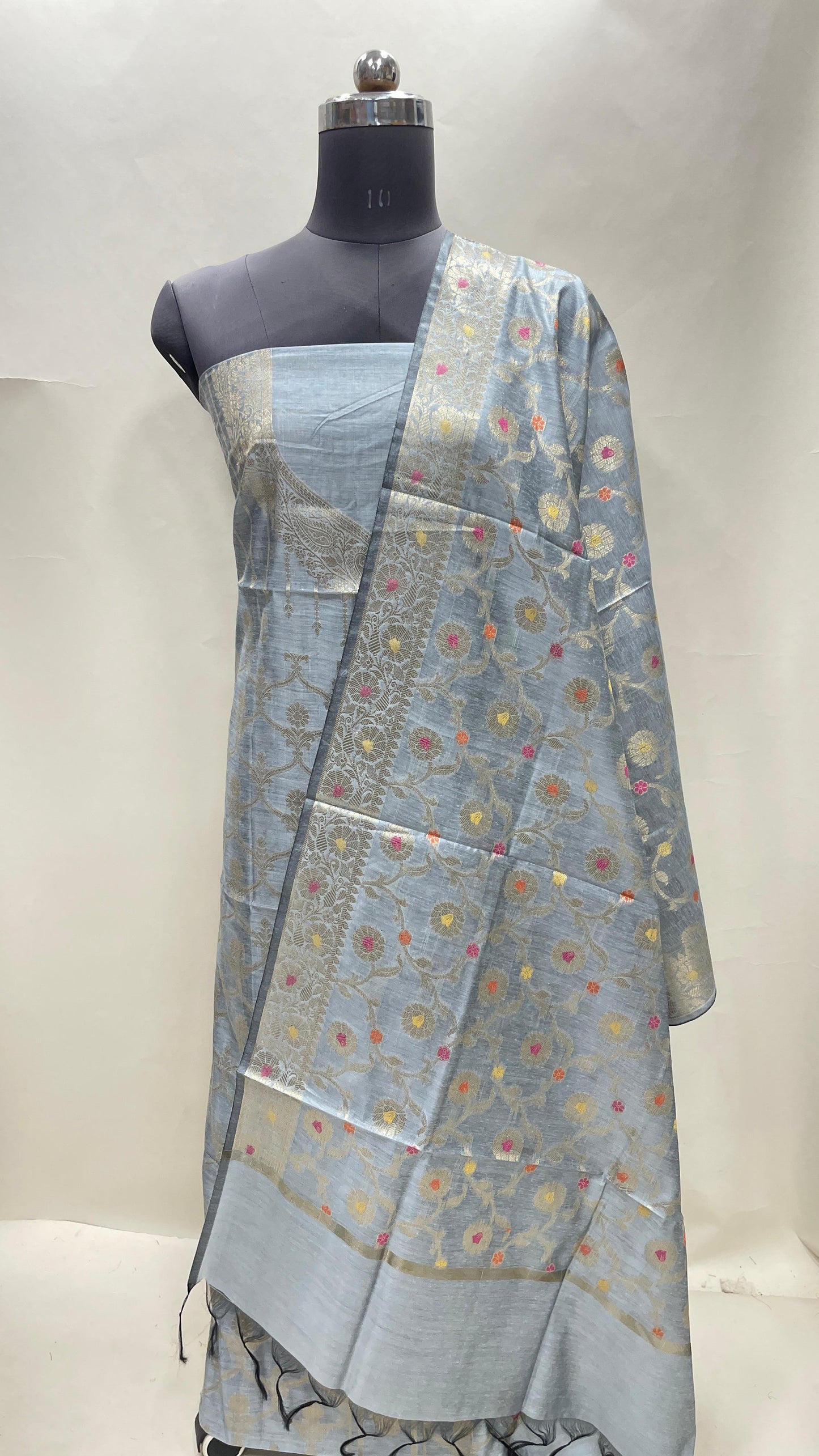 Seagreen cotton suit set with necklace floral stripes and matching jaal dupatta. SHL_34