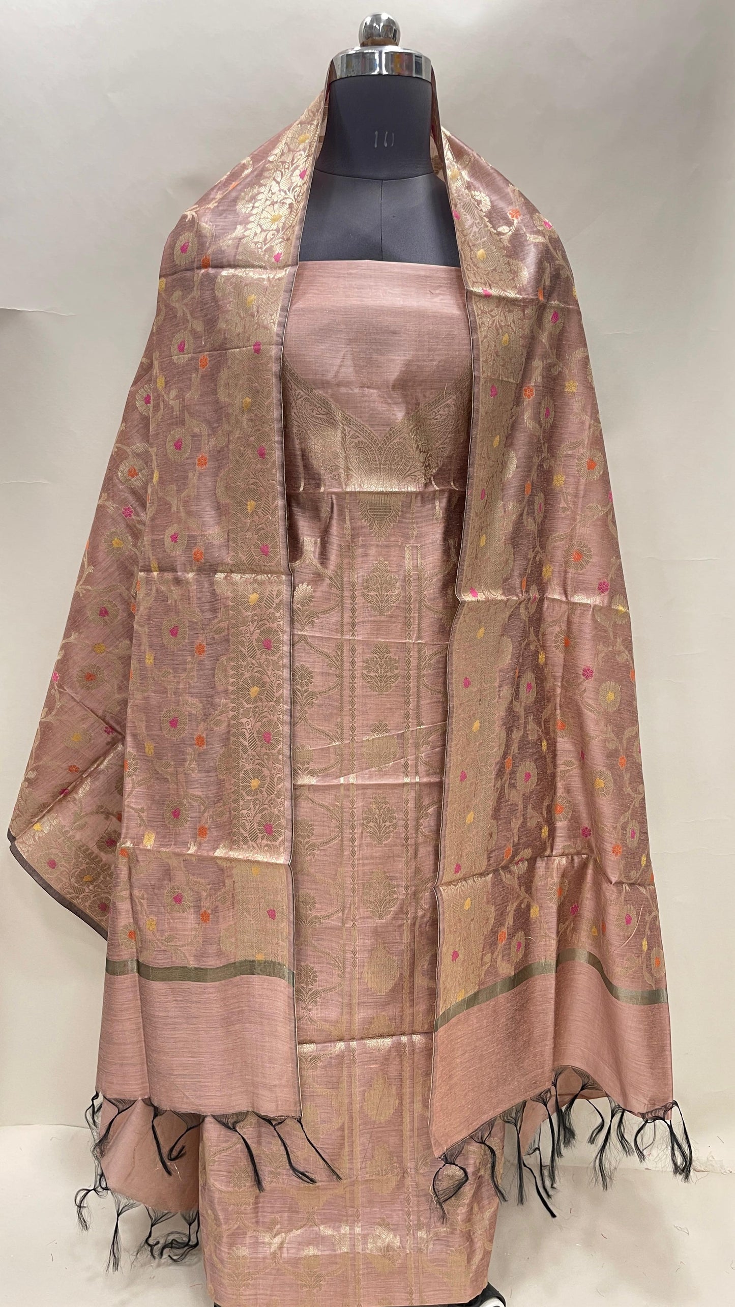 Peach cotton suit set with necklace floral stripes and matching jaal dupatta. SHL_35