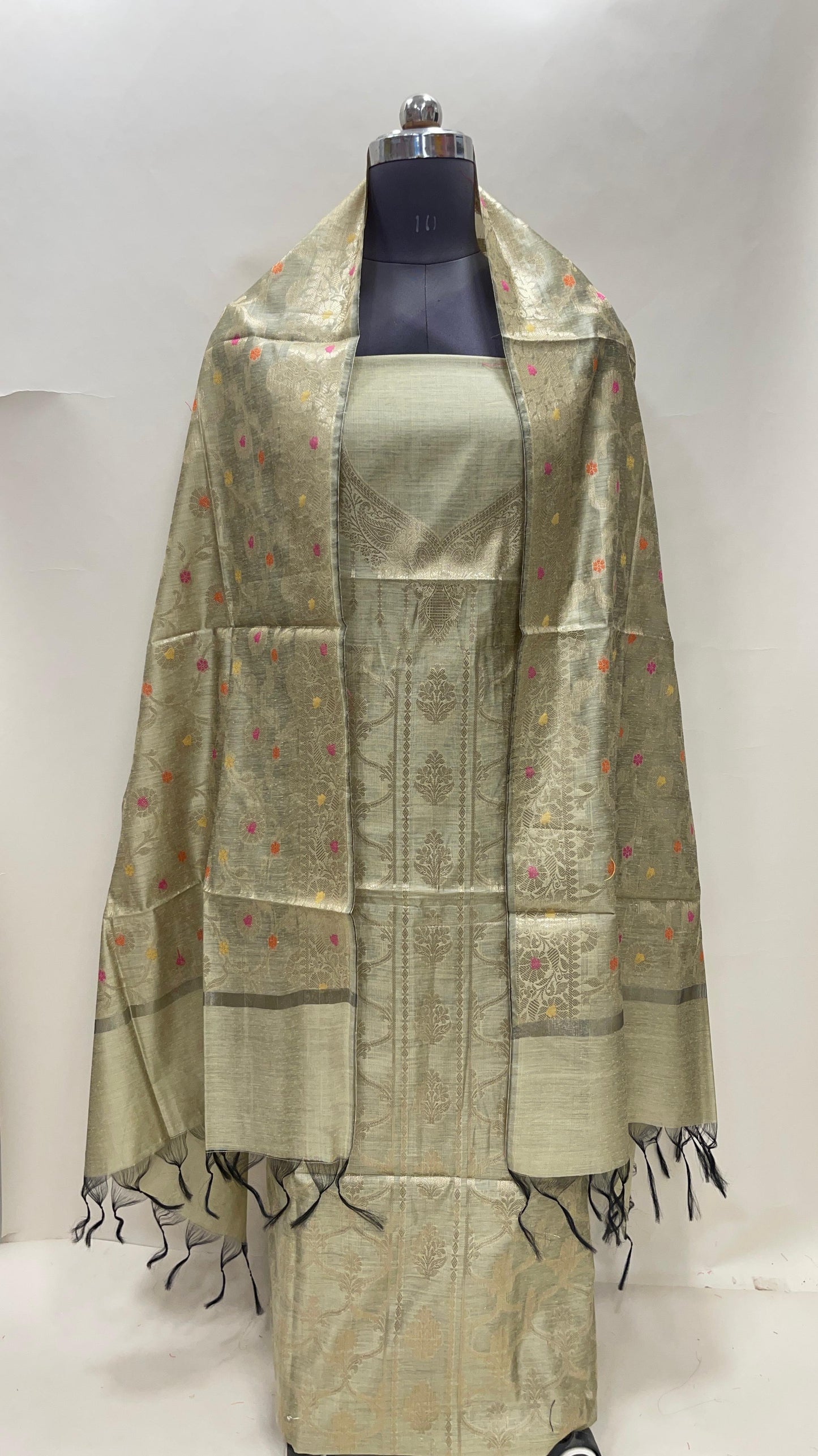 Pistachio cotton suit set with necklace floral stripes and matching jaal dupatta. SHL_33