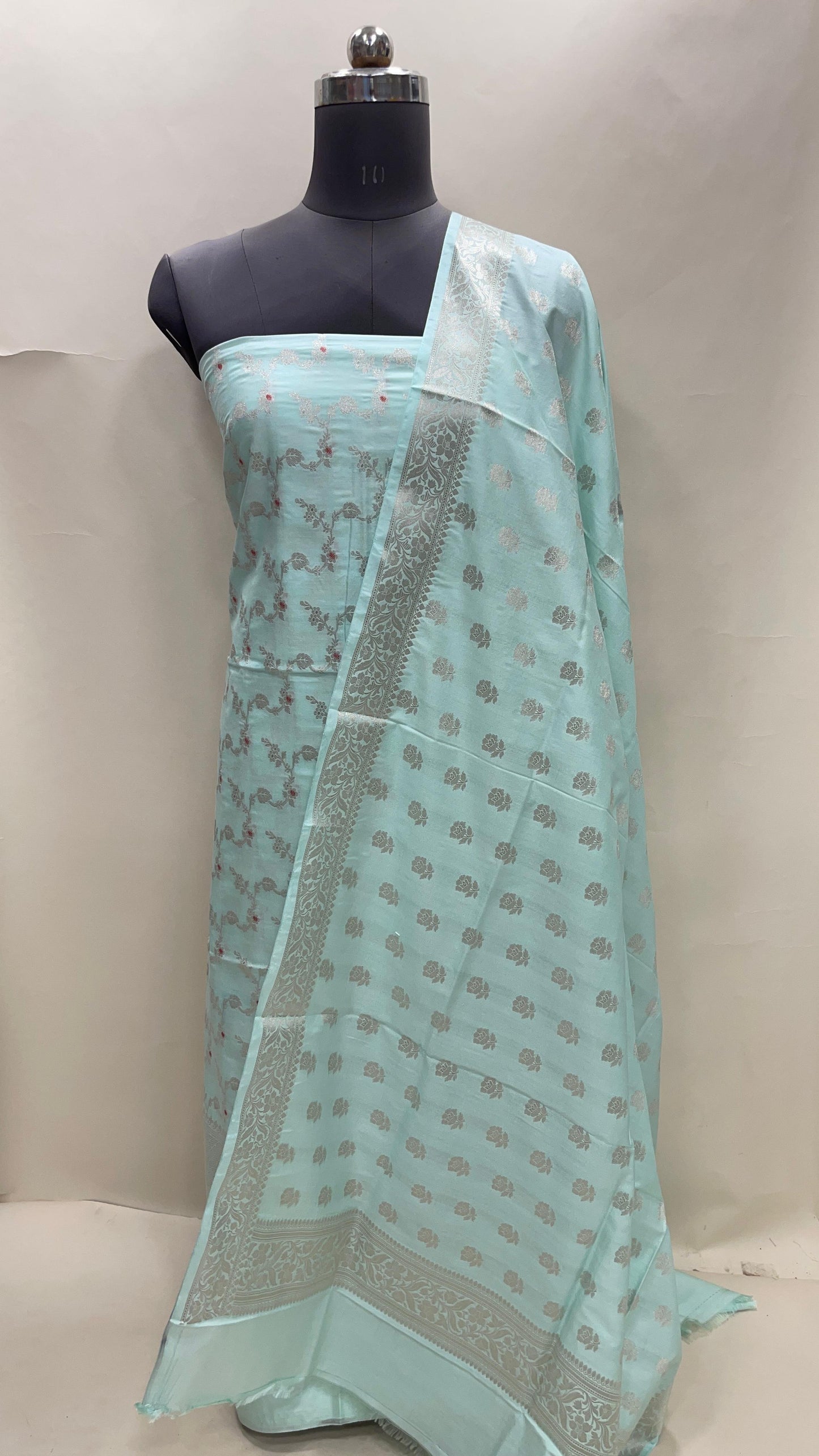 Seagreen katan chiniya silk suit set with floral silver zari mina jaal dupatta. SHL_49