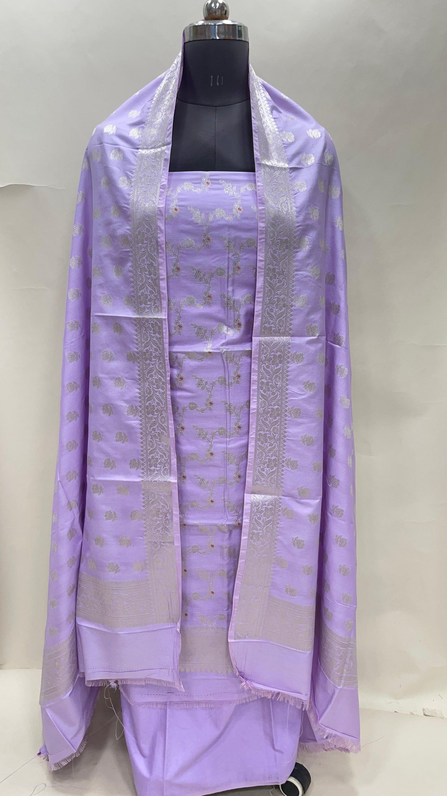 Lavender katan chiniya silk suit set with floral silver zari mina jaal dupatta. SHL_46