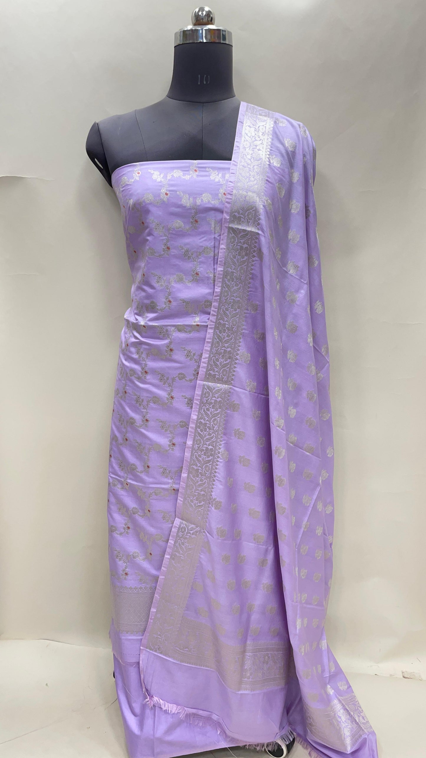 Lavender katan chiniya silk suit set with floral silver zari mina jaal dupatta. SHL_46