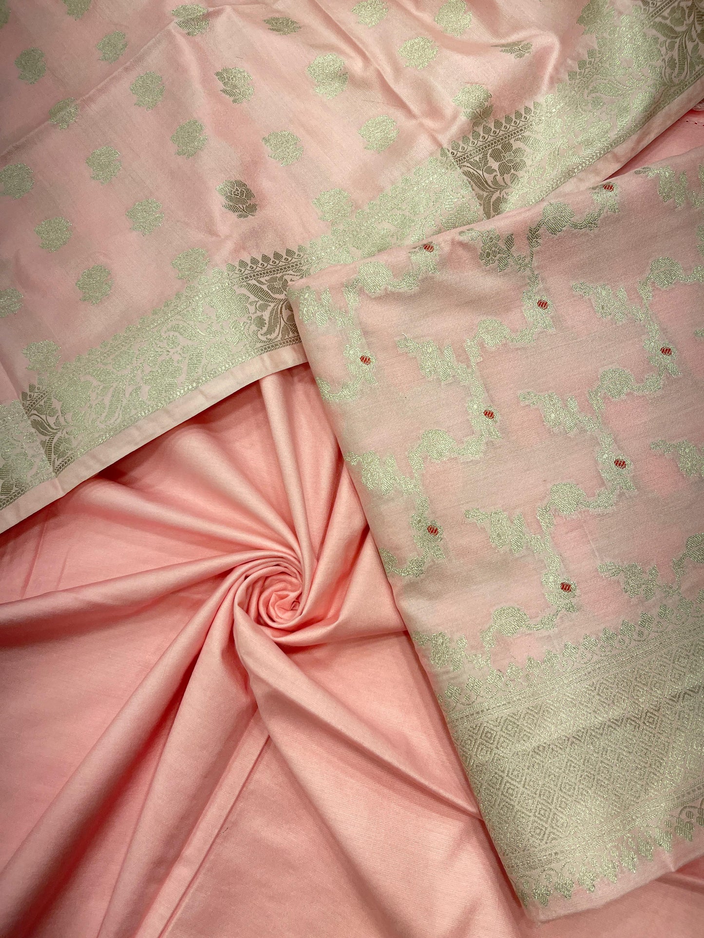Peach katan chiniya silk suit set with floral silver zari mina jaal dupatta. SHL_45