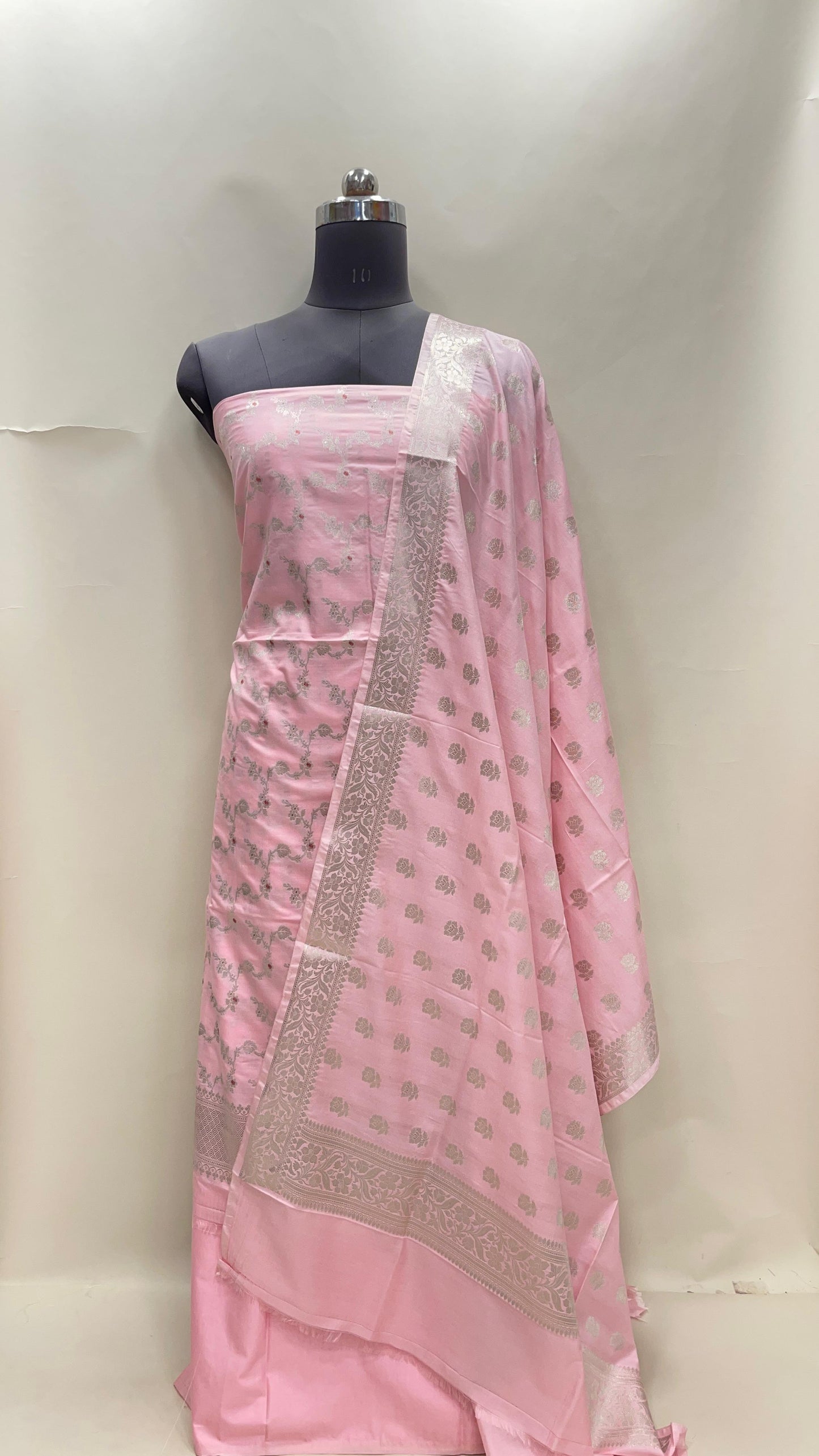 Peach katan chiniya silk suit set with floral silver zari mina jaal dupatta. SHL_45