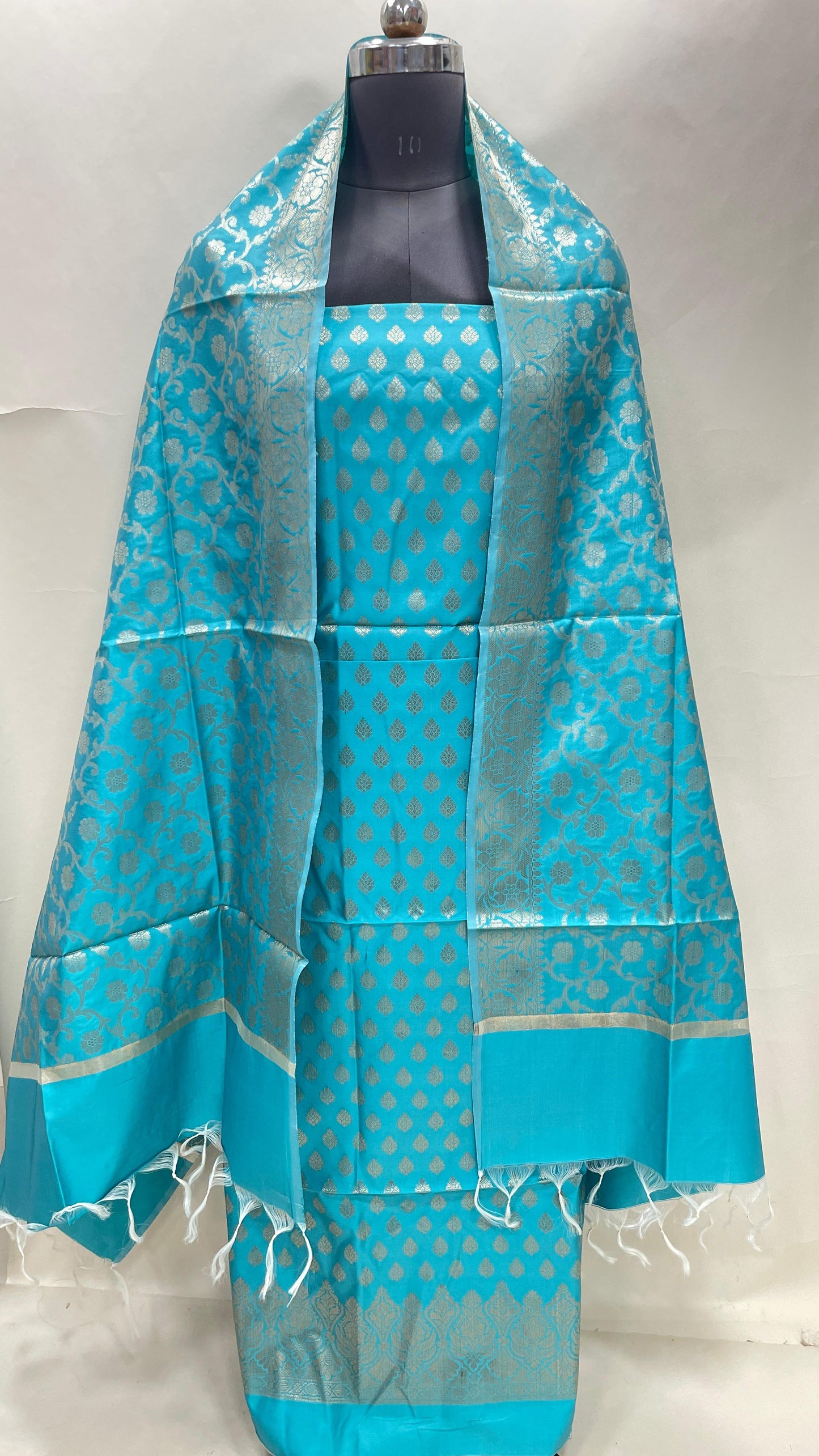 Rama green art silk suit set with floral zari bootis and matching dupatta. SHL_65