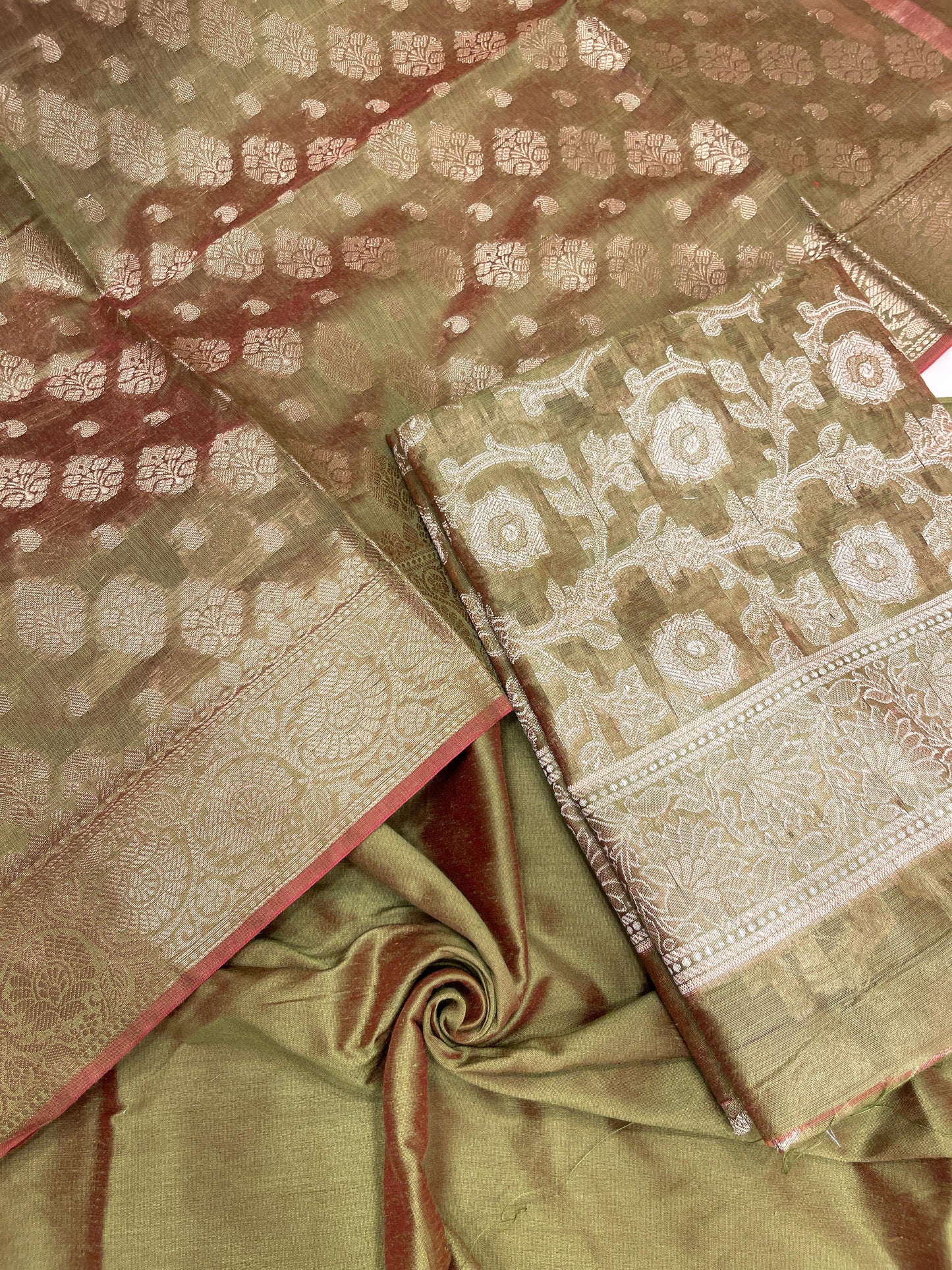 Pistachio green cotton suit set with zari resham mina jaal and matching dupatta. SHL_29