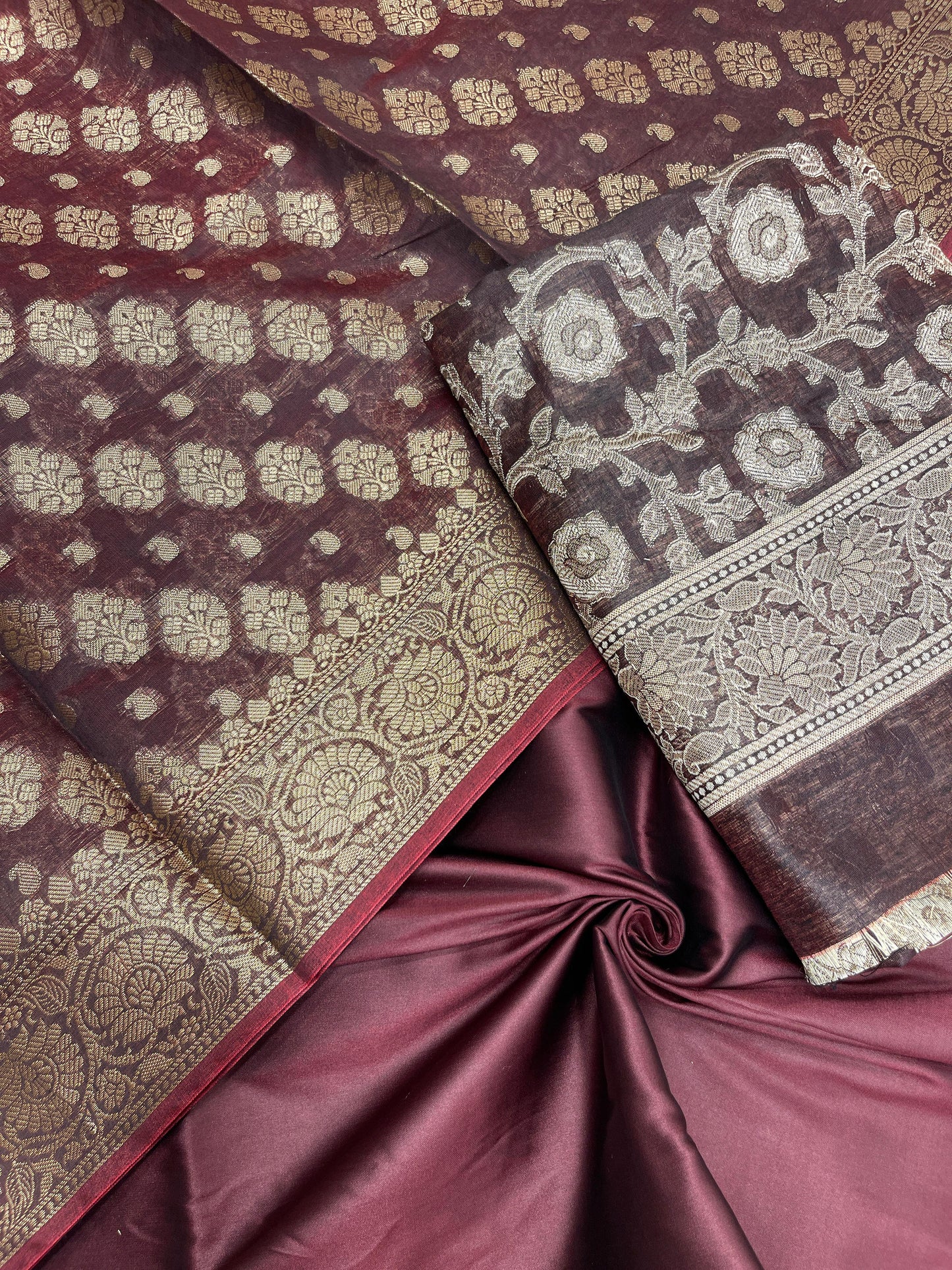 Burgundy cotton suit set with zari resham mina jaal and matching dupatta. SHL_28