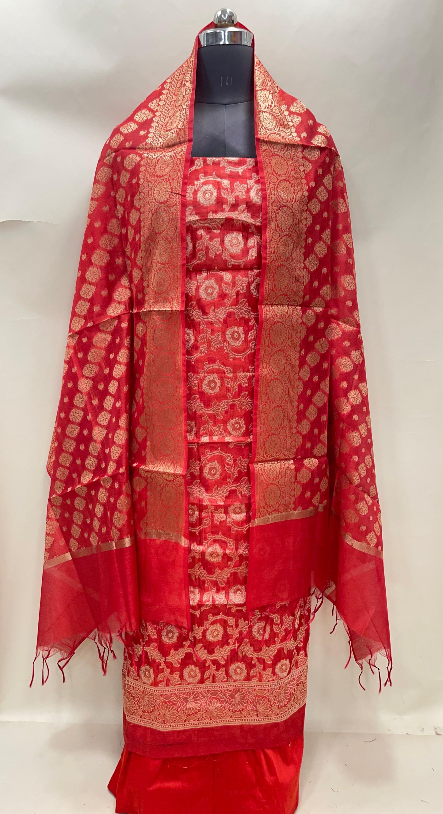 Red cotton suit set featuring zari resham mina jaal and matching dupatta. SHL_30