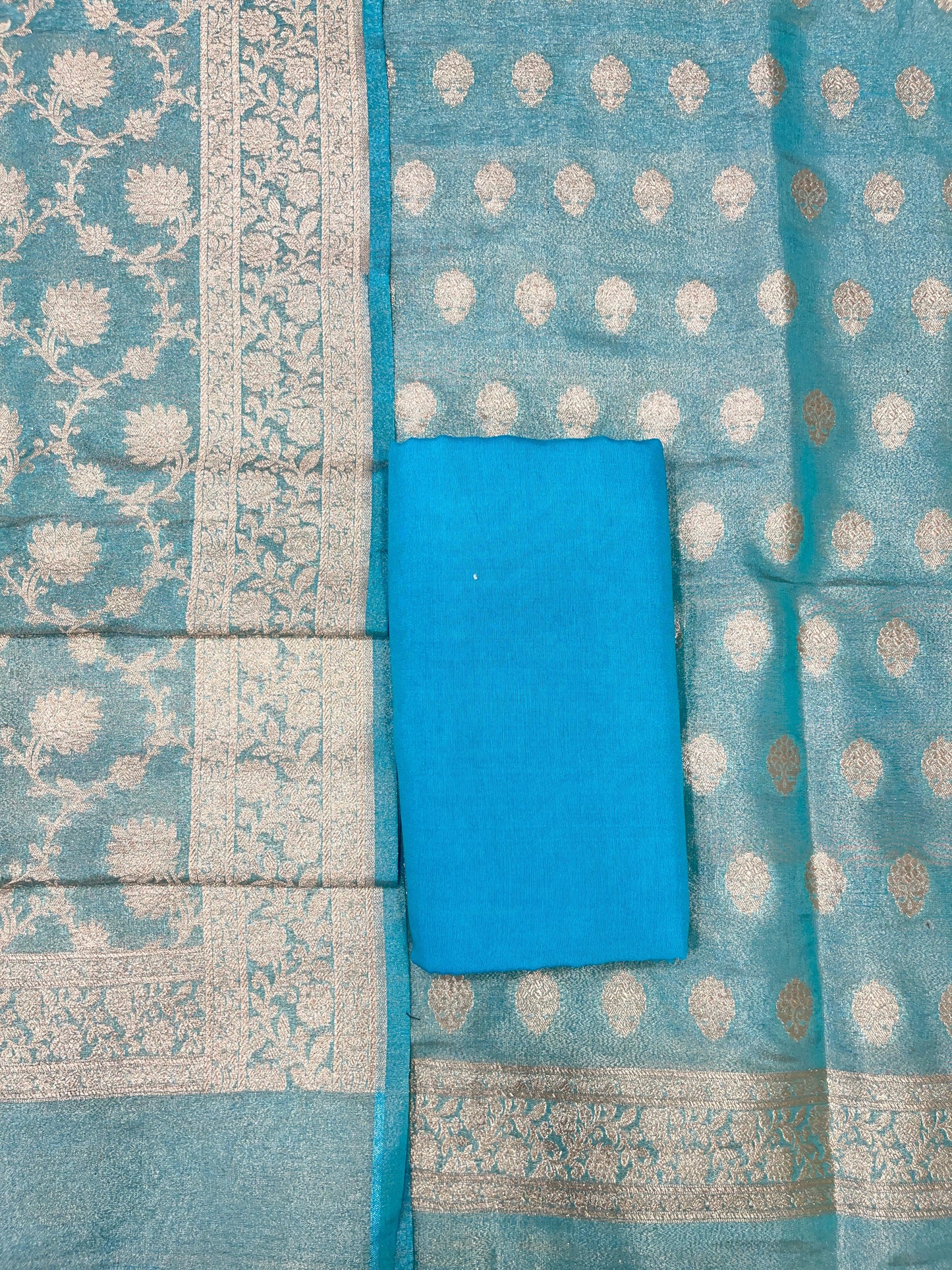 Puresilk Handloom Sky Blue Tissue Silk Banarasi 3 pcs Suit Set RHN_TSU7