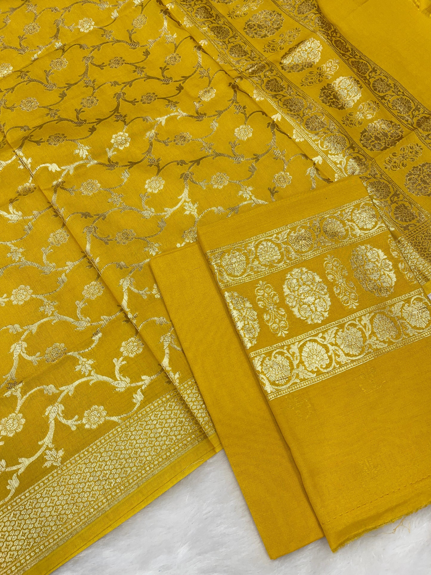 Puresilk Handloom Mustard Yellow Cotton Banarasi 3 pcs Suit Set RHN_CTN1