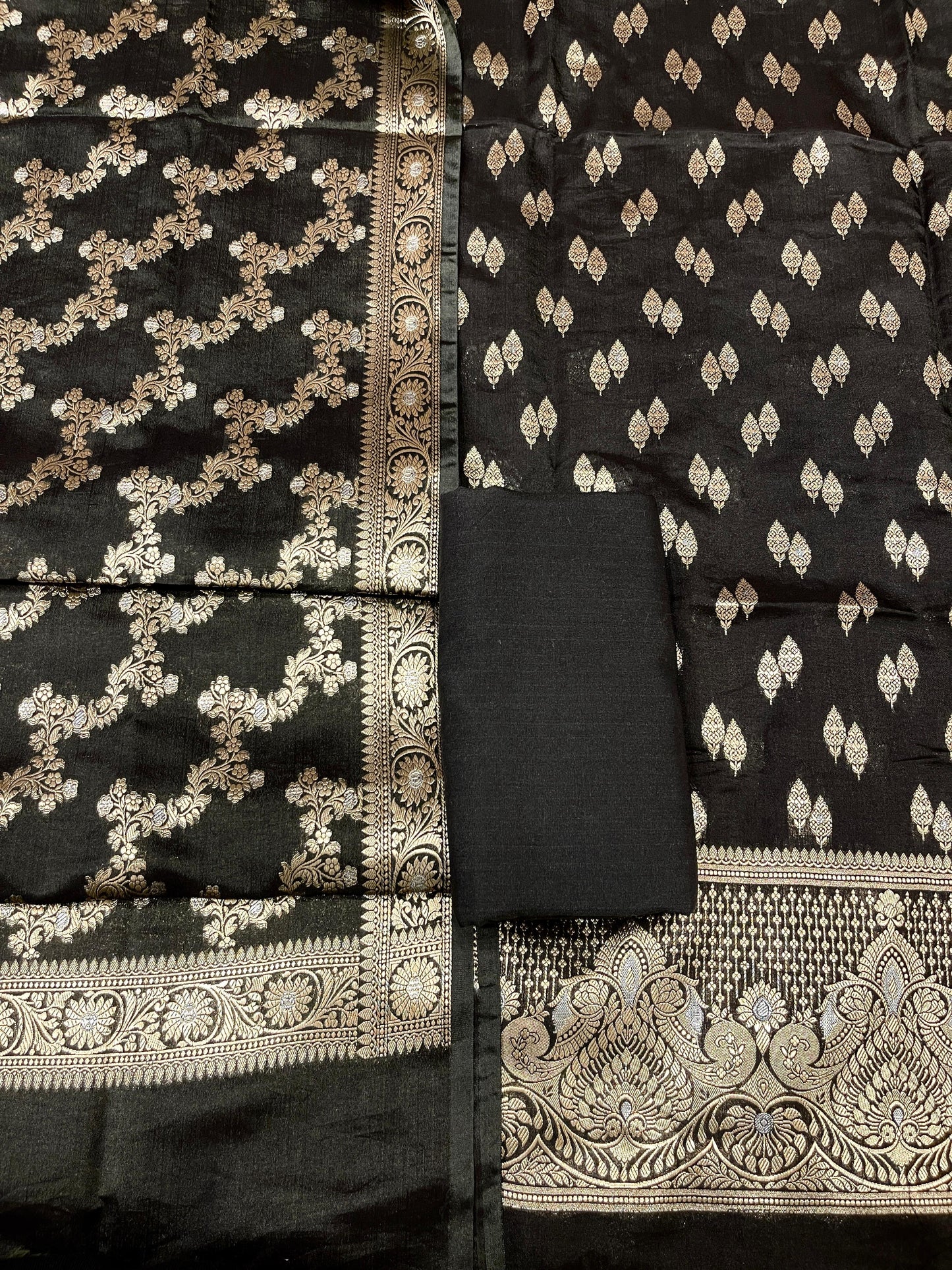 Puresilk Handloom Black Viscose Silk Banarasi 3 pcs Suit Set RHN_VS4