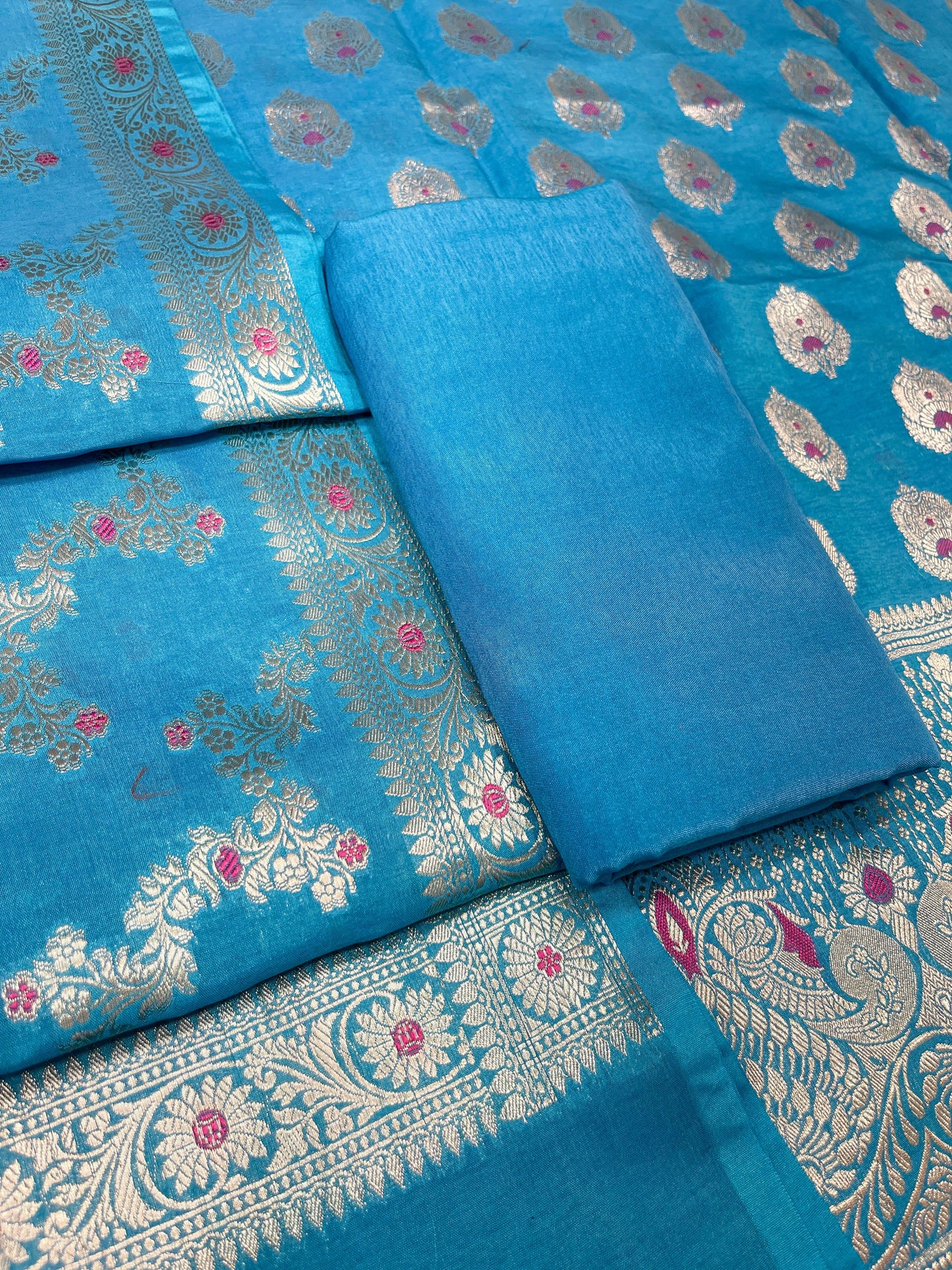 Puresilk Handloom Blue Viscose Silk Banarasi 3 pcs Suit Set RHN_VS9