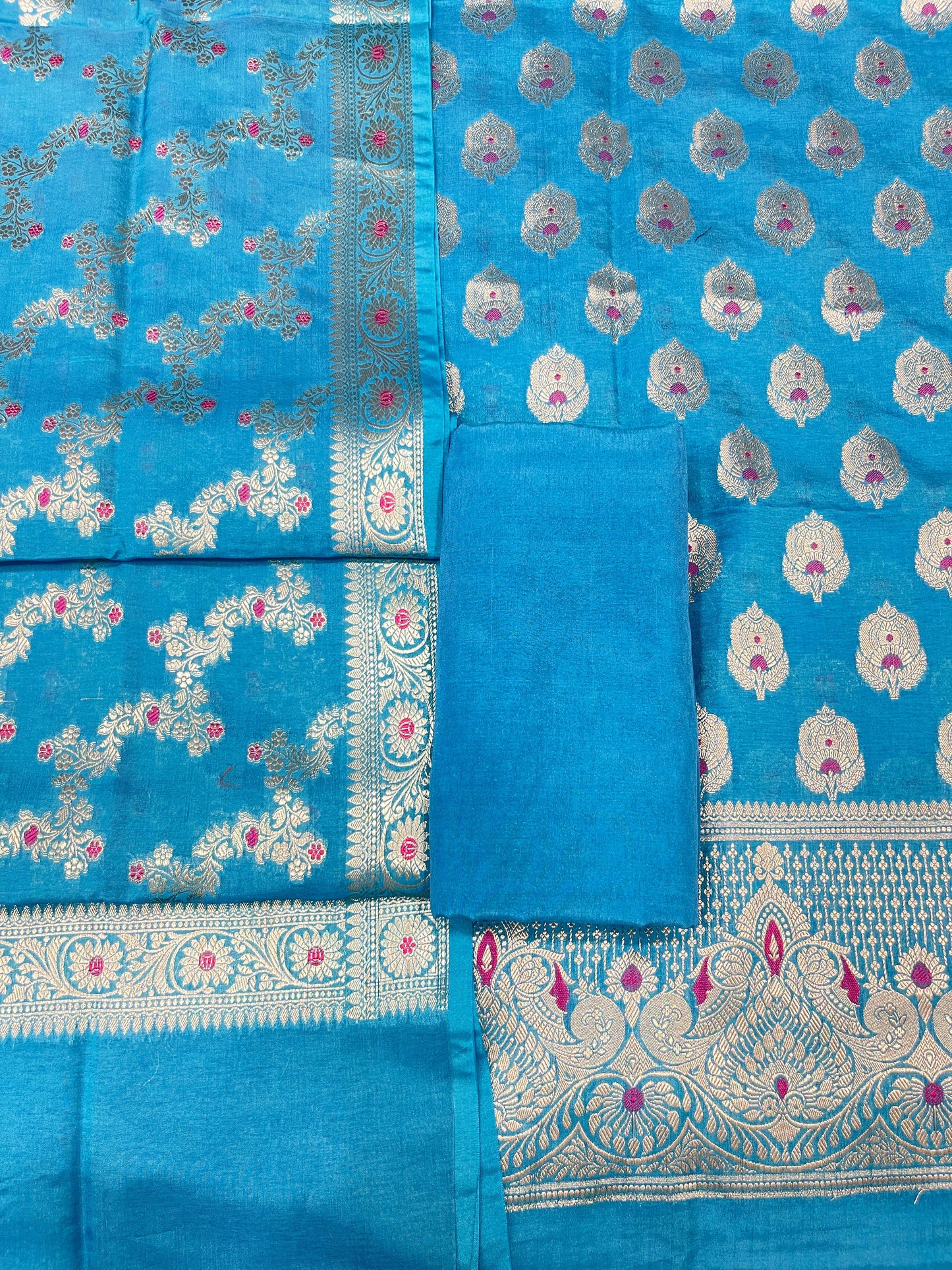 Puresilk Handloom Blue Viscose Silk Banarasi 3 pcs Suit Set RHN_VS9