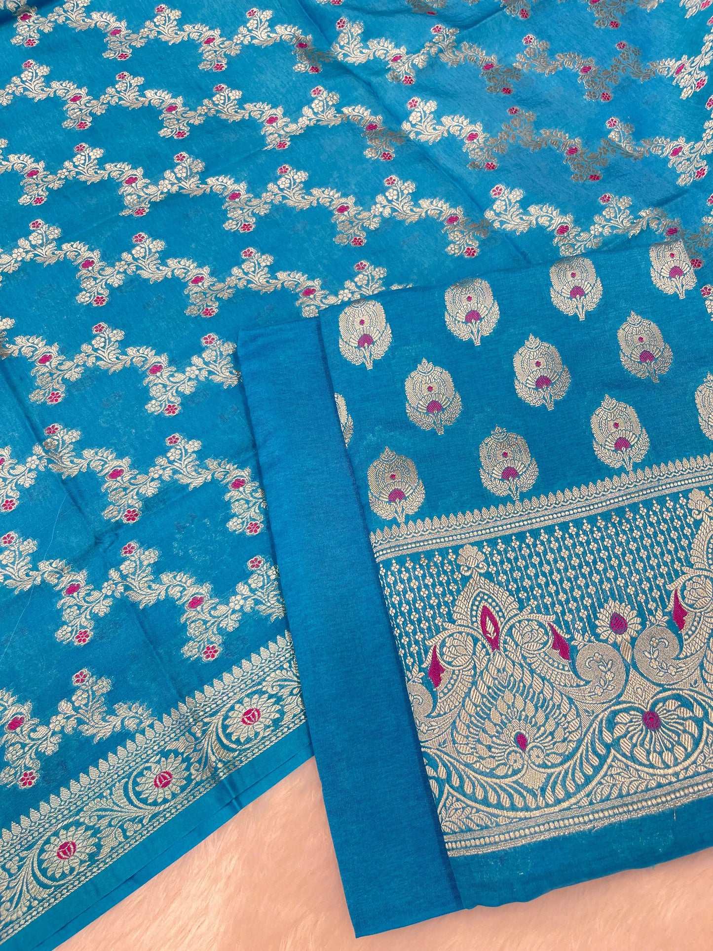 Puresilk Handloom Blue Viscose Silk Banarasi 3 pcs Suit Set RHN_VS9