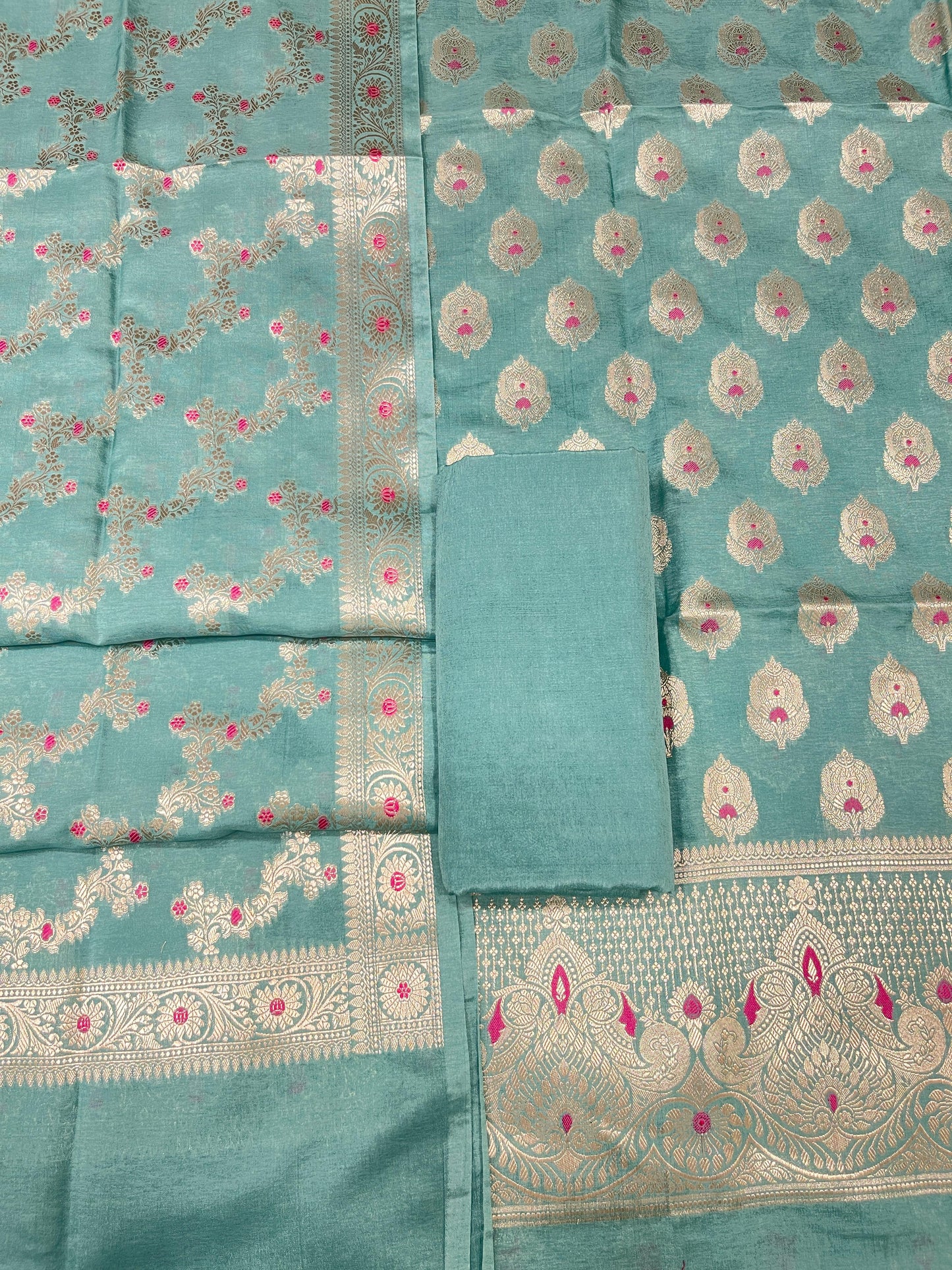 Puresilk Handloom Turquoise Blue Viscose Silk Banarasi 3 pcs Suit Set RHN_VS11