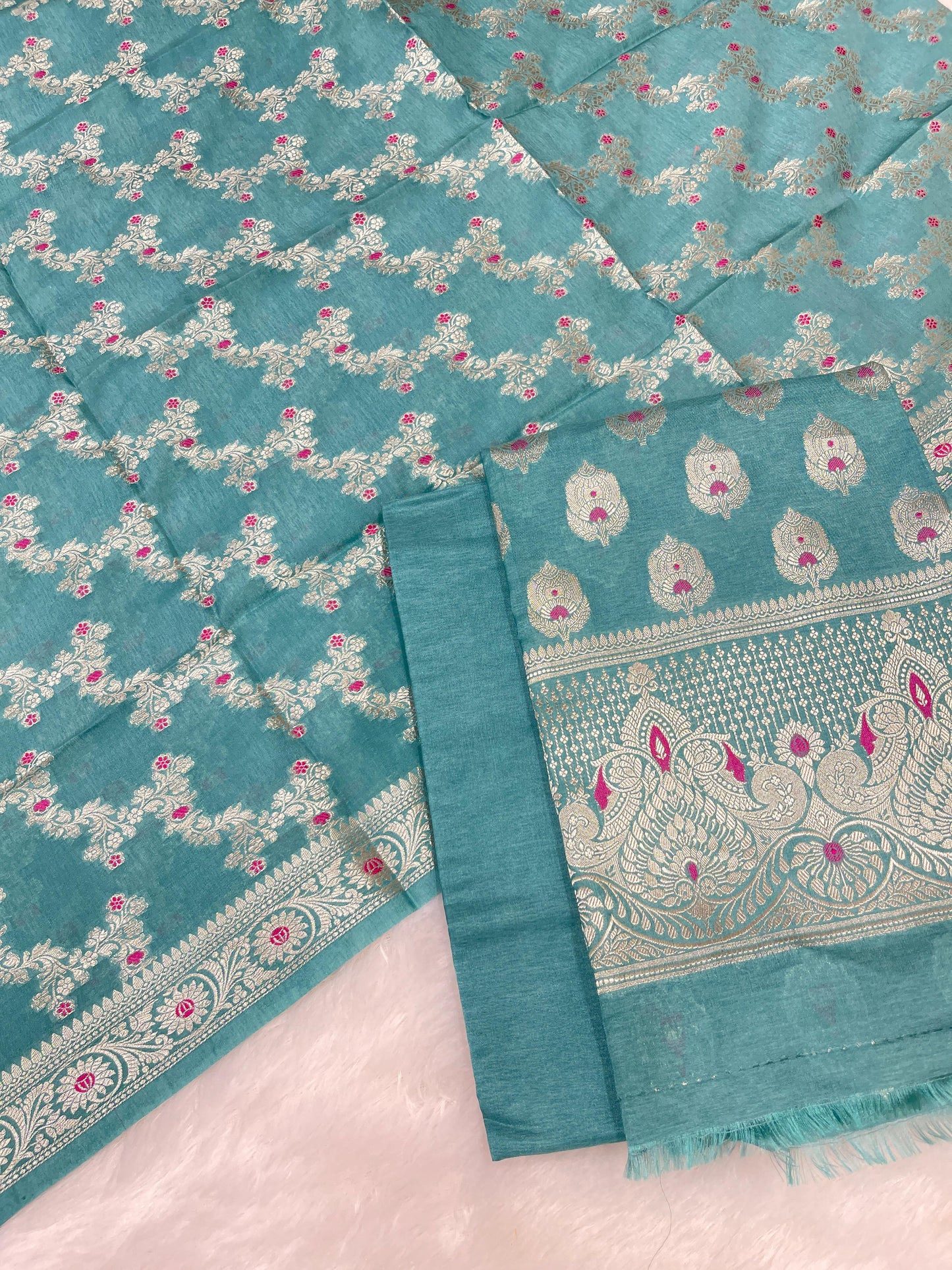 Puresilk Handloom Turquoise Blue Viscose Silk Banarasi 3 pcs Suit Set RHN_VS11