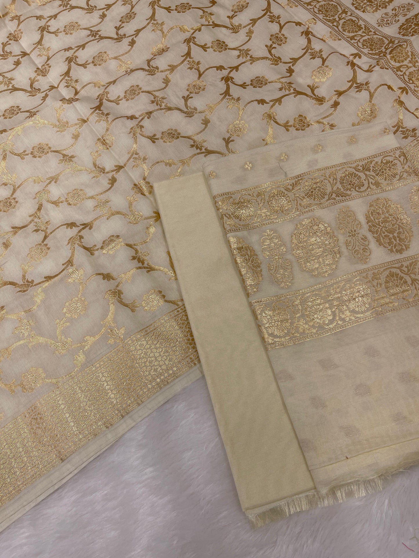 Puresilk Handloom Off White Cotton Banarasi 3 pcs Suit Set RHN_CTN12