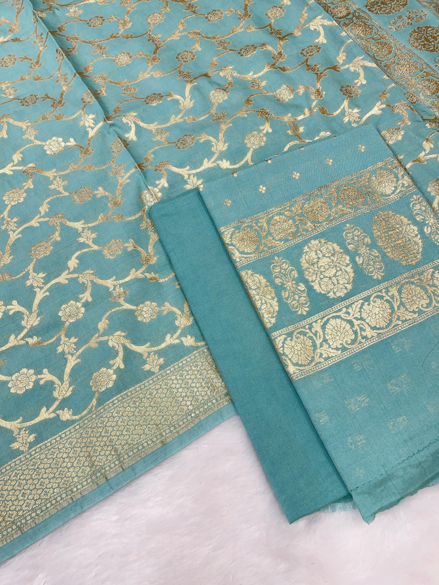 Puresilk Handloom Sea Green Cotton Banarasi 3 pcs Suit Set RHN_CTN9