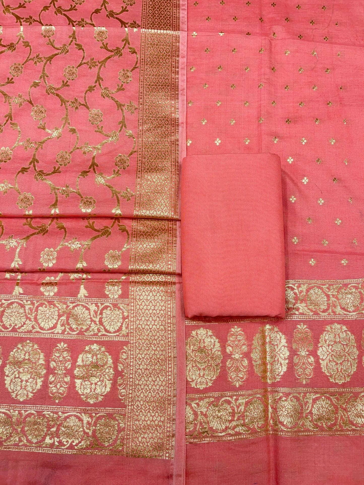 Puresilk Handloom Peach Pink Cotton Banarasi 3 pcs Suit Set RHN_CTN11