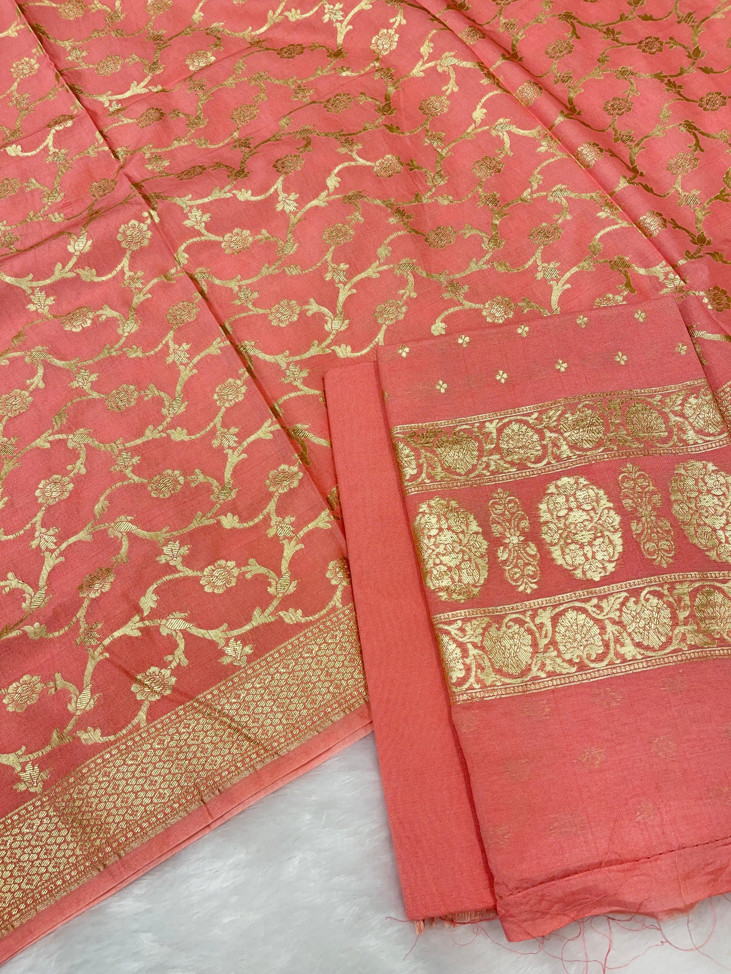 Puresilk Handloom Peach Pink Cotton Banarasi 3 pcs Suit Set RHN_CTN11