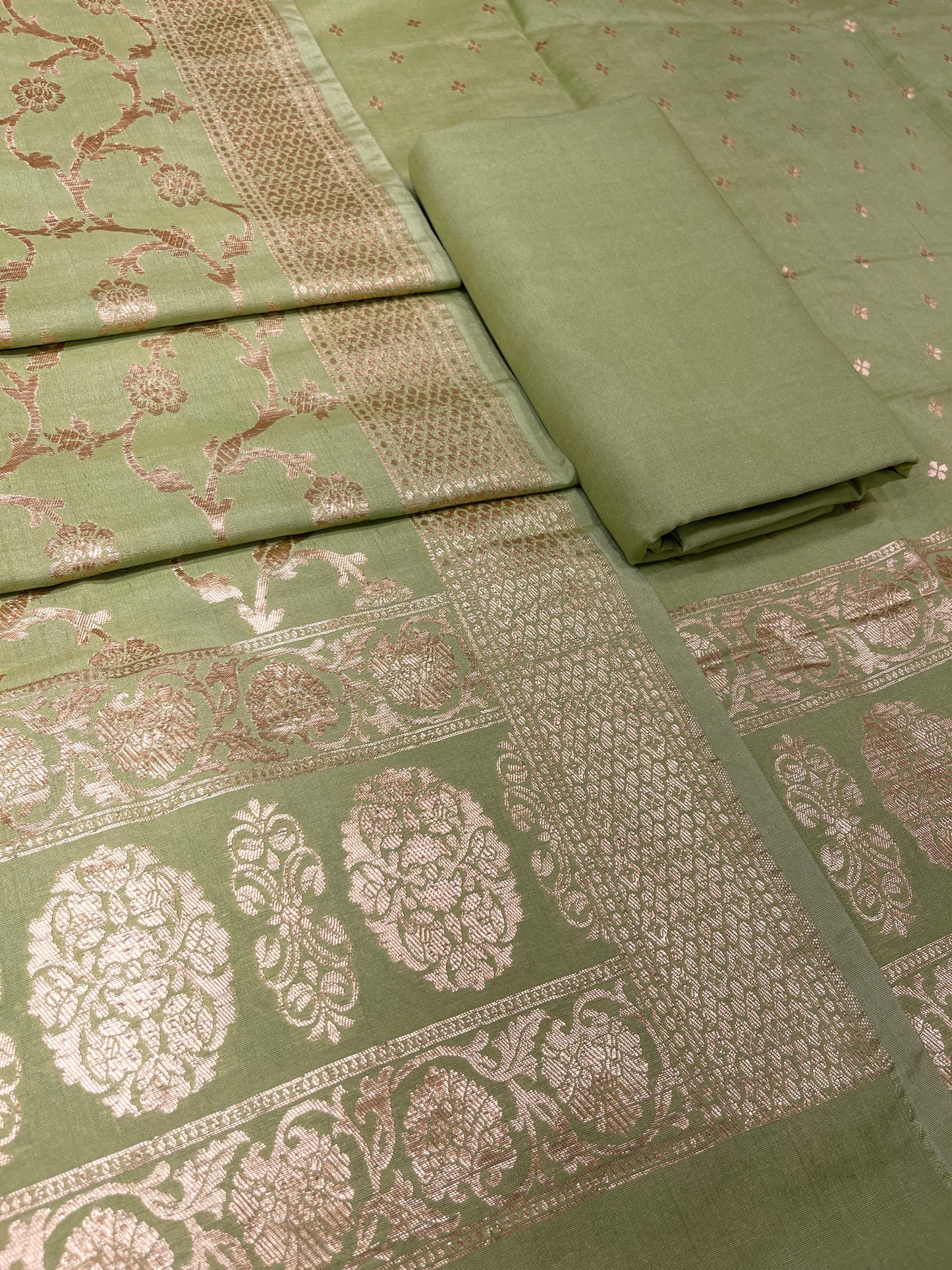 Puresilk Handloom Pista Green Cotton Banarasi 3 pcs Suit Set RHN_CTN10