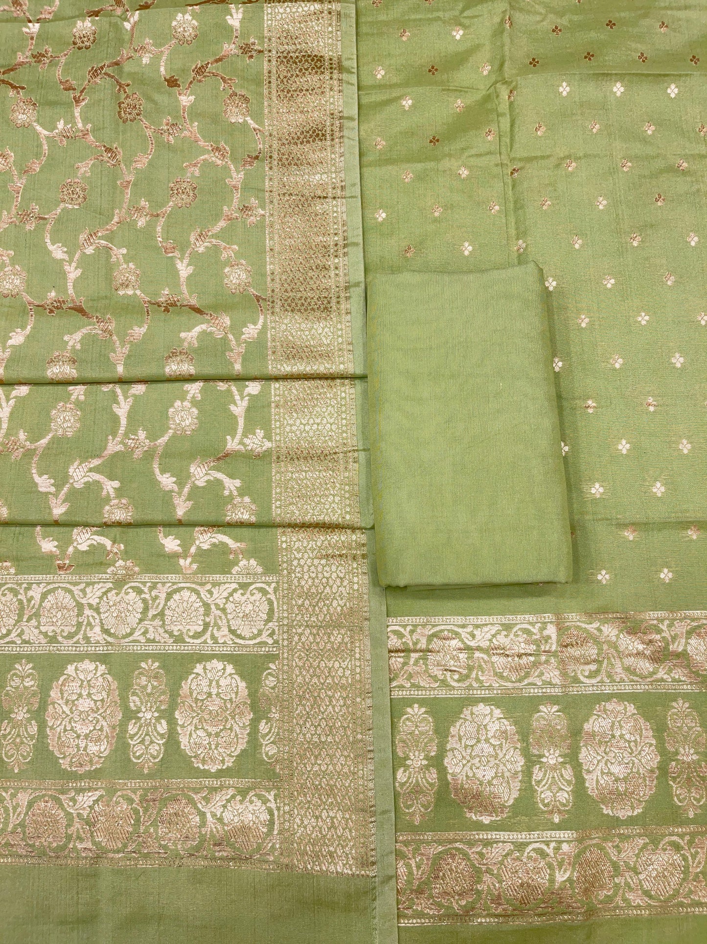 Puresilk Handloom Pista Green Cotton Banarasi 3 pcs Suit Set RHN_CTN10