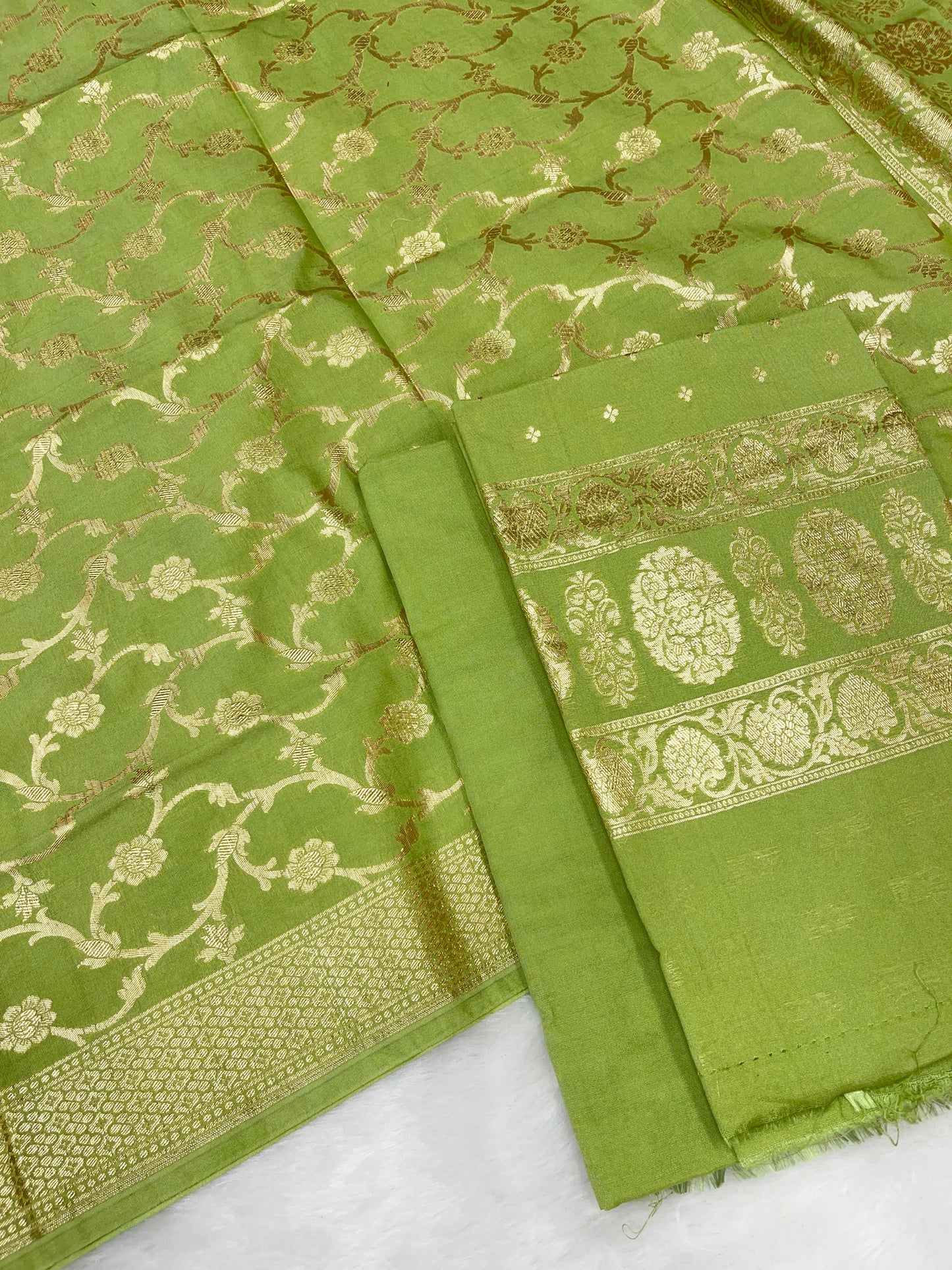 Puresilk Handloom Pista Green Cotton Banarasi 3 pcs Suit Set RHN_CTN10