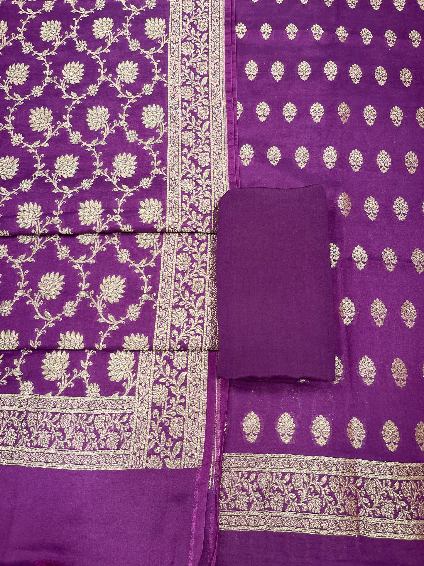 Puresilk Handloom Purple Mulberry Silk Banarasi 3 pcs Suit Set RHN_MEL1