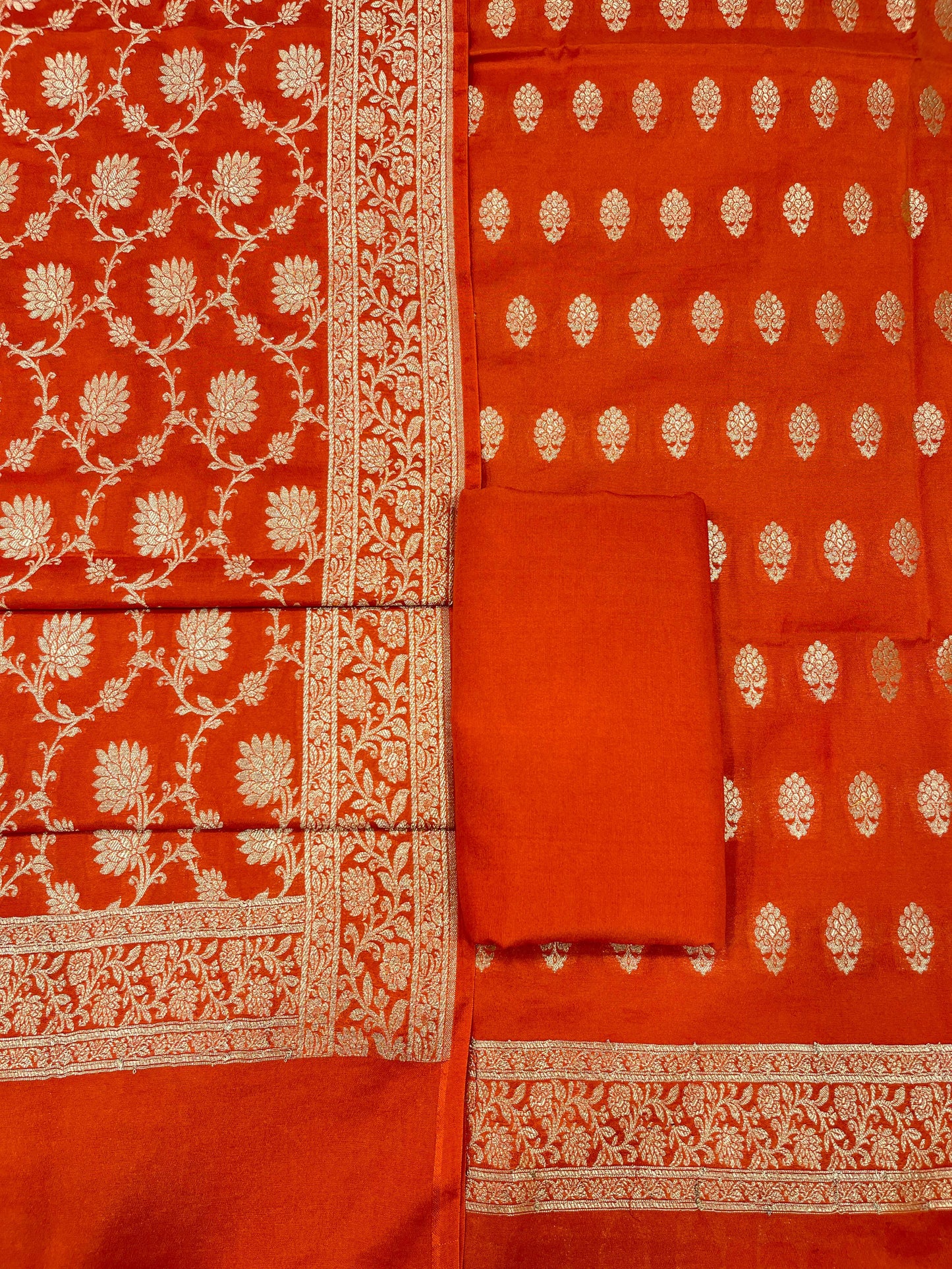 Puresilk Handloom Orange Mulberry Silk Banarasi 3 pcs Suit Set RHN_MEL4