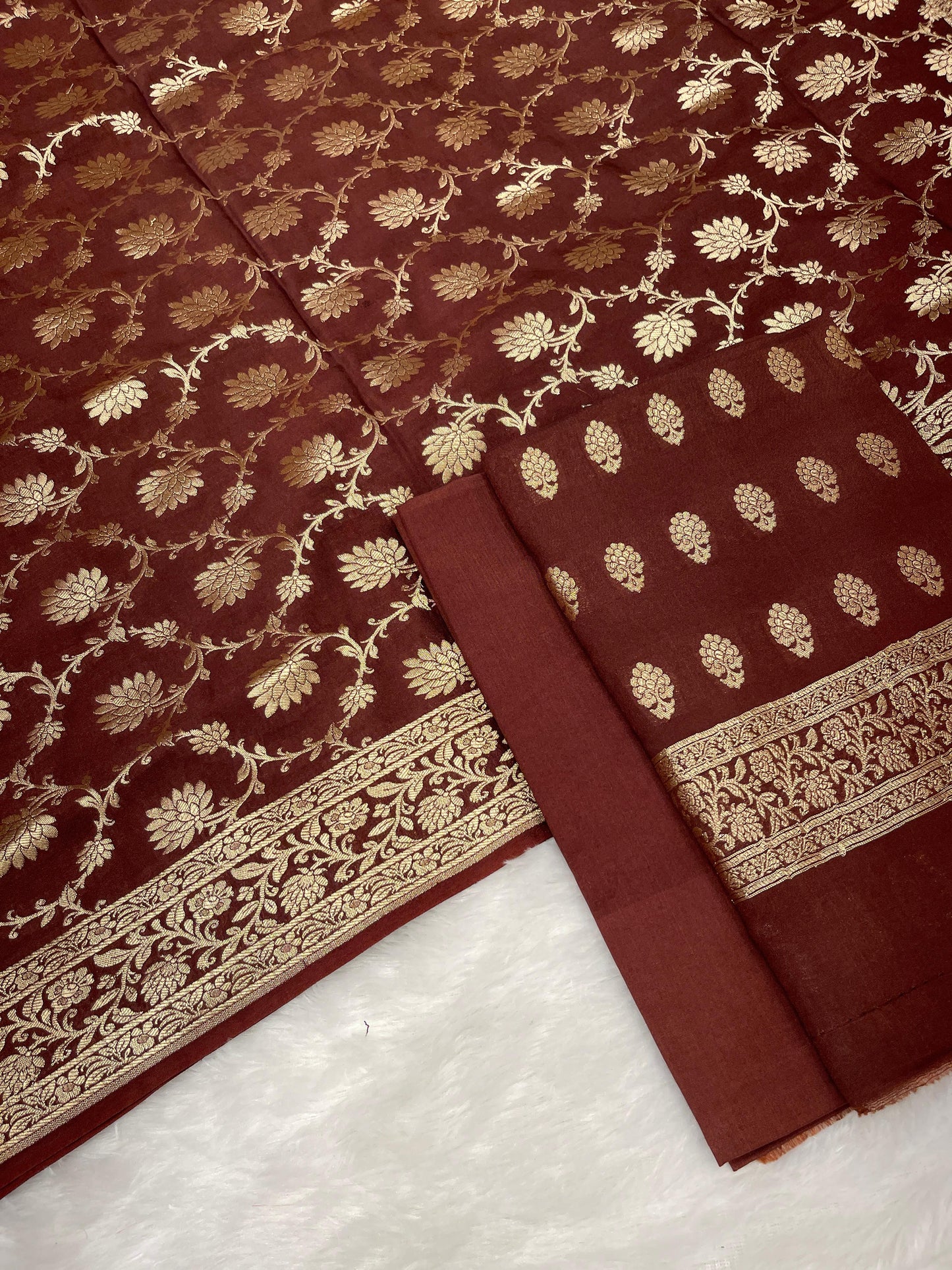 Puresilk Handloom Brown Mulberry Silk Banarasi 3 pcs Suit Set RHN_MEL5