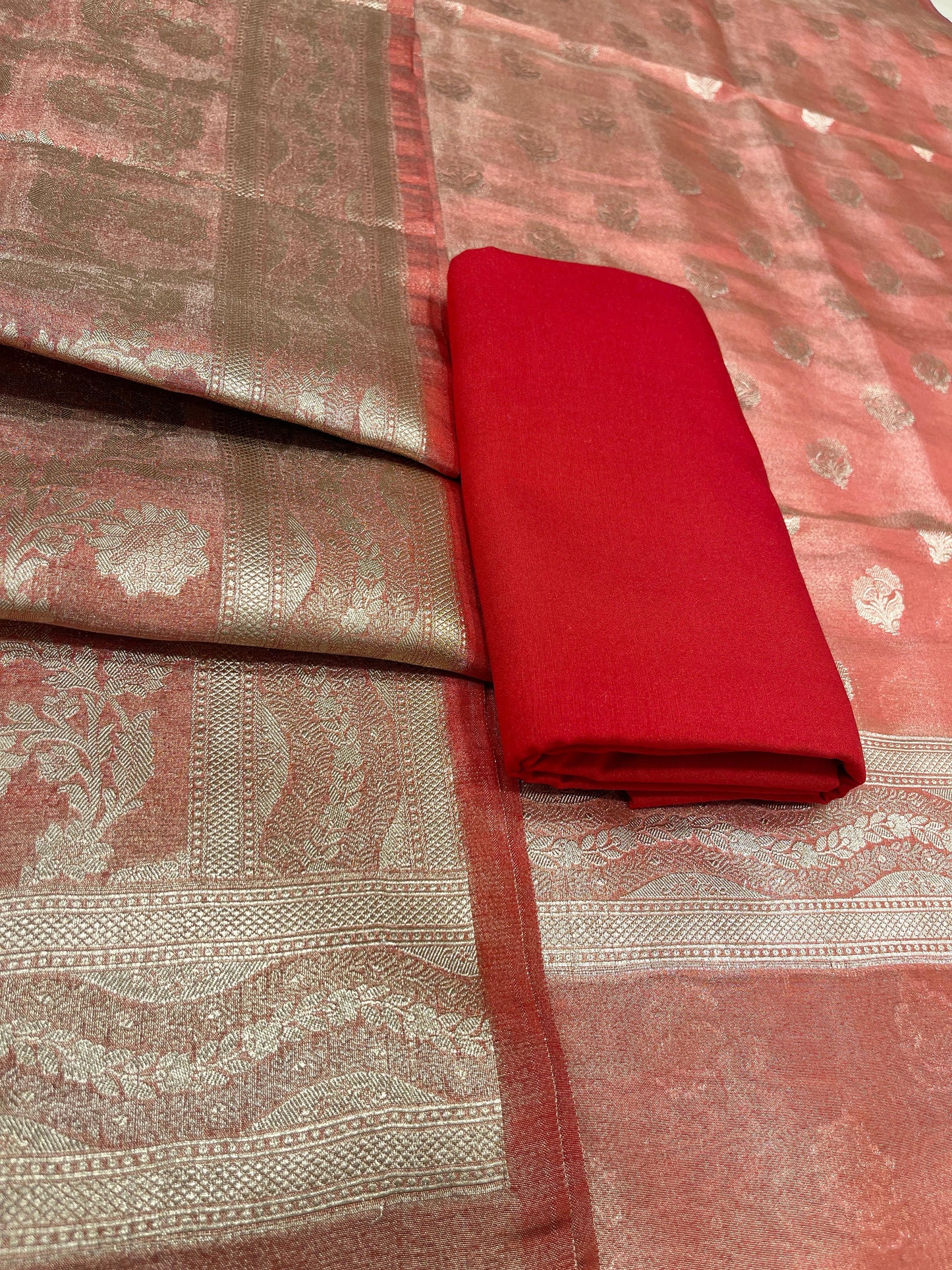 Puresilk Handloom Rust Red Tissue Silk Banarasi 3 pcs Suit Set RHN_TSU2