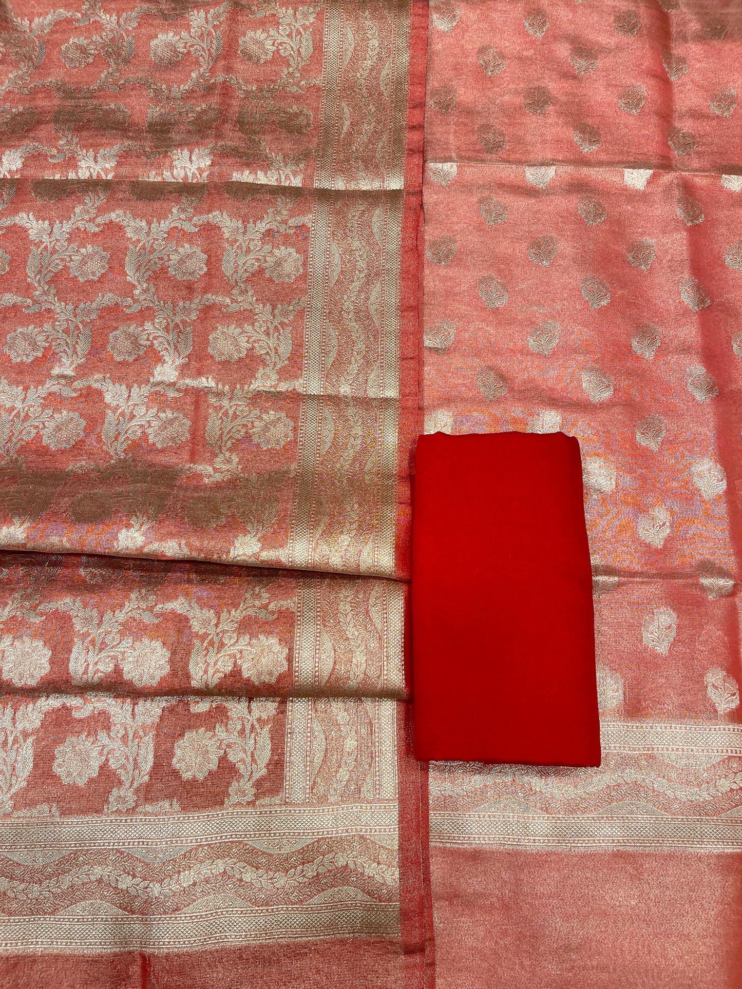 Puresilk Handloom Rust Red Tissue Silk Banarasi 3 pcs Suit Set RHN_TSU2