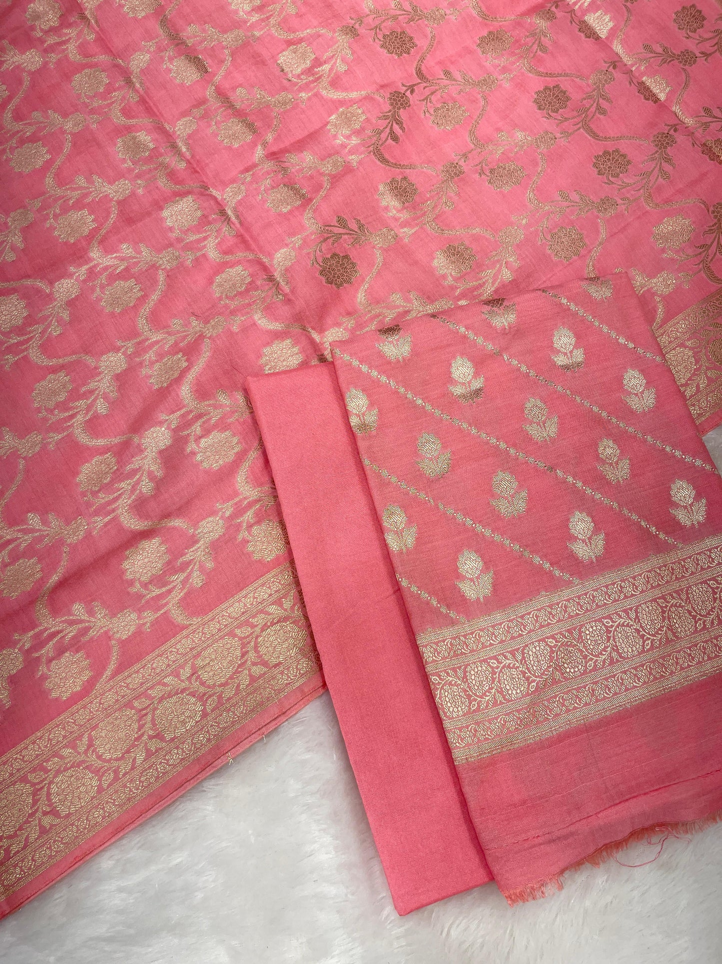 Puresilk Handloom Peach Pink Modal Silk Banarasi 3 pcs Suit Set RHN_MDL5