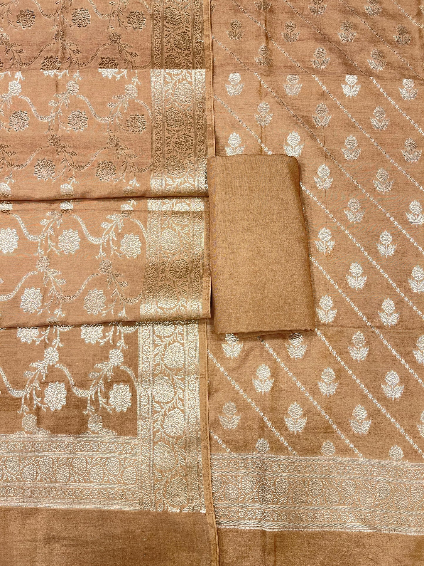 Puresilk Handloom Light Brown Modal Silk Banarasi 3 pcs Suit Set RHN_MDL1