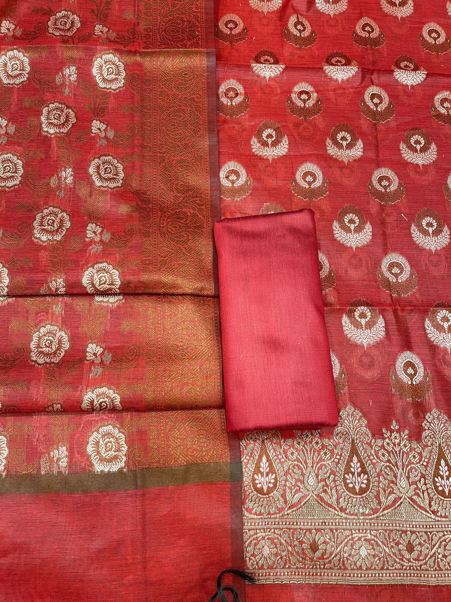 Red cotton suit featuring floral zari resham mina bootis and jaal dupatta. SHL_11