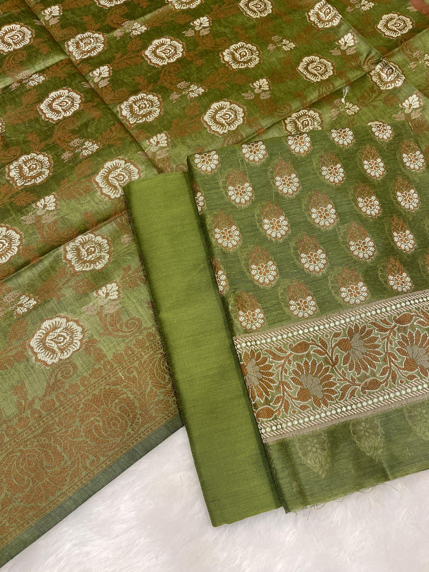 Pistachio green cotton suit set with floral resham mina bootis and matching dupatta. SHL_24