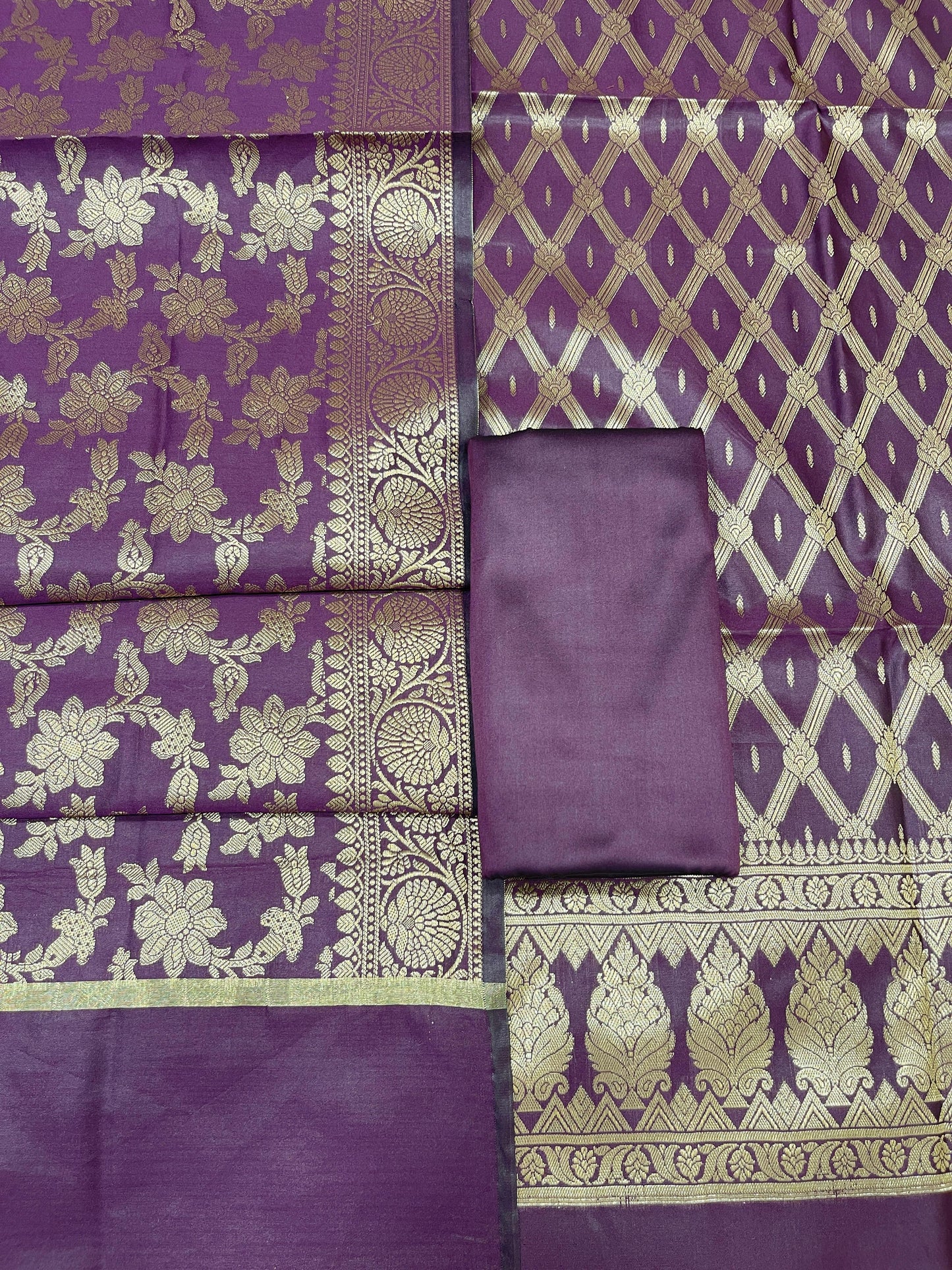 Purple art silk suit set with diagonal zari stripes and matching dupatta. SHL_56