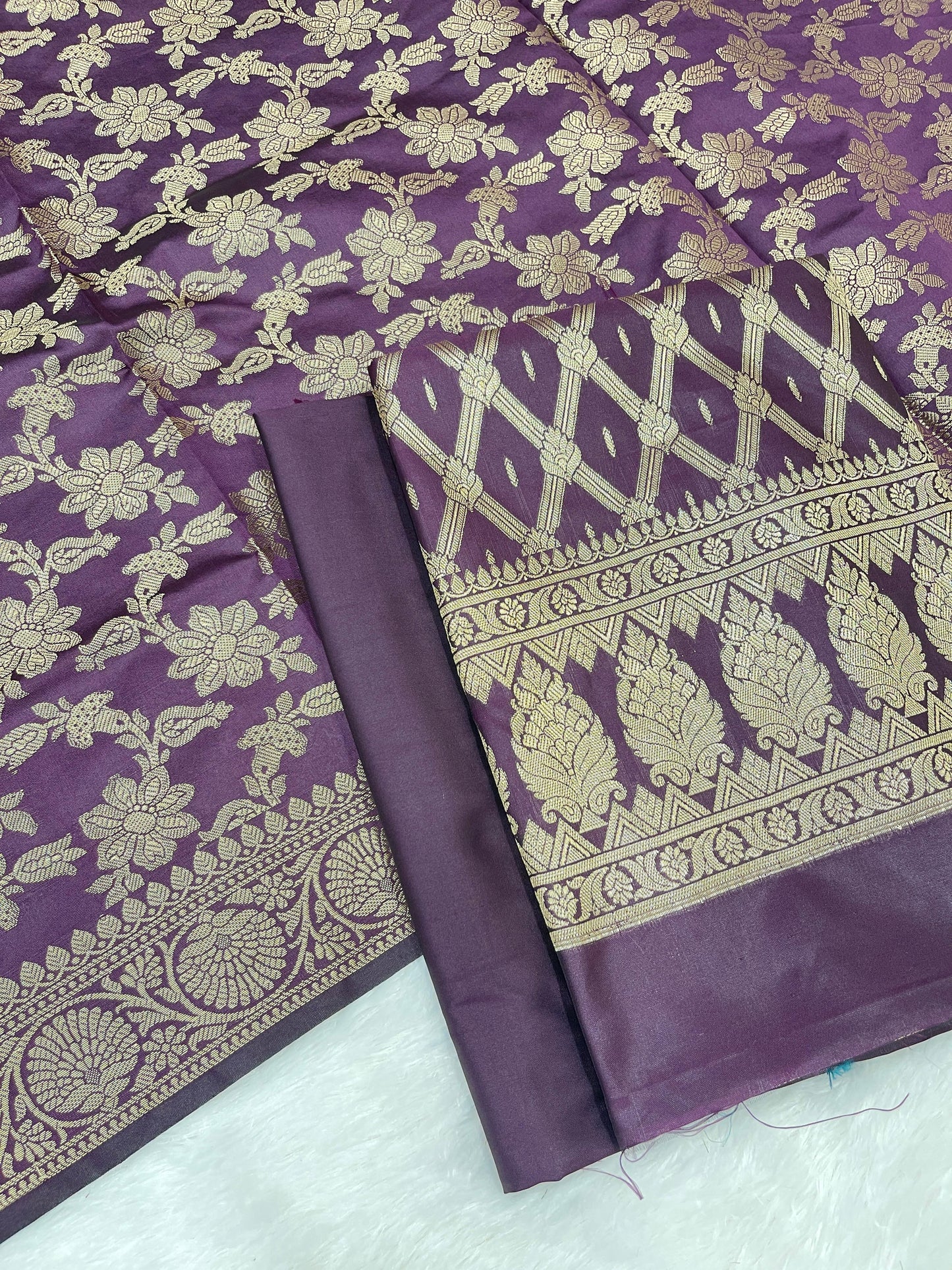 Purple art silk suit set with diagonal zari stripes and matching dupatta. SHL_56