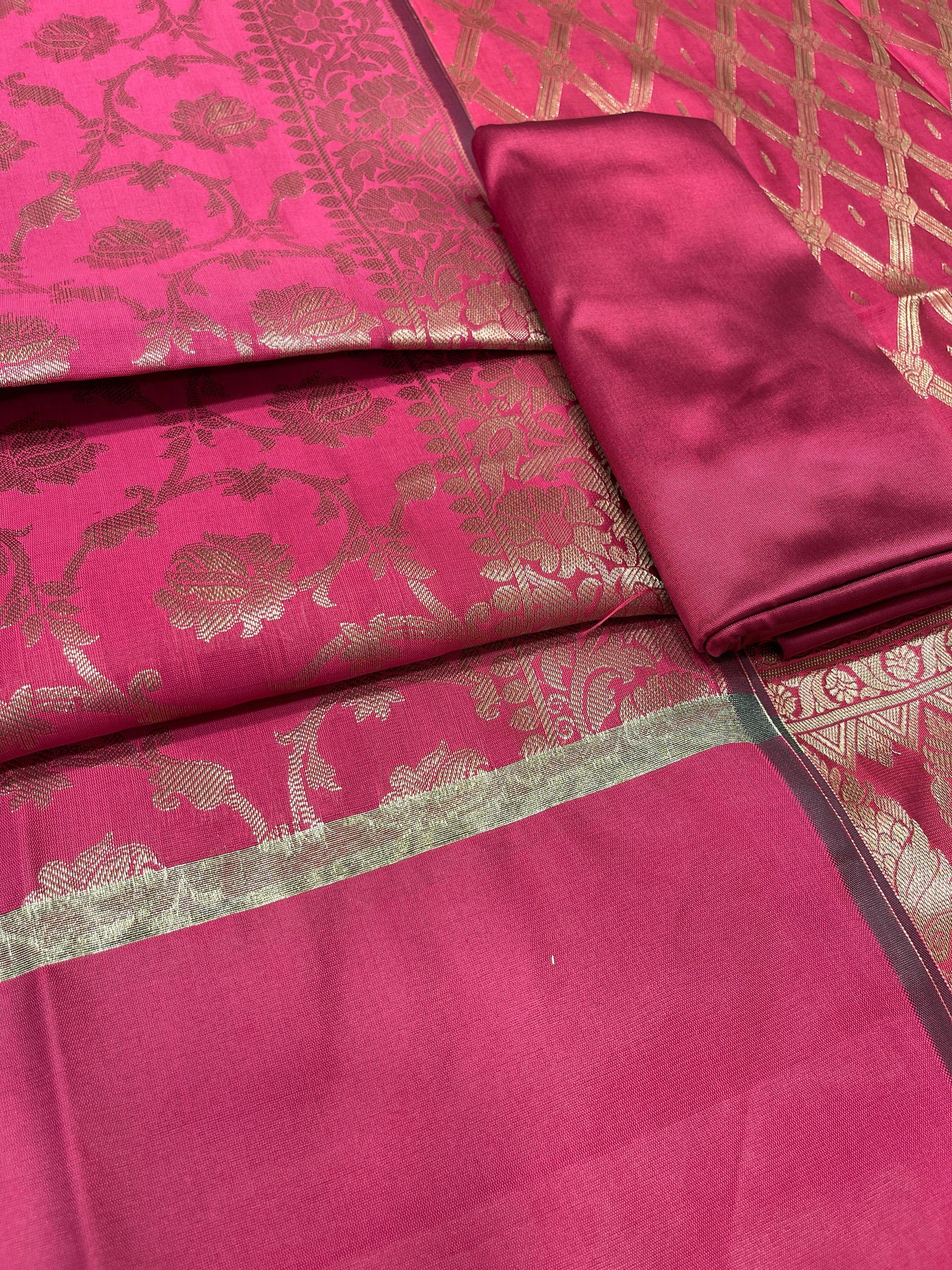 Pink art silk suit set with diagonal zari stripes and matching dupatta. SHL_52
