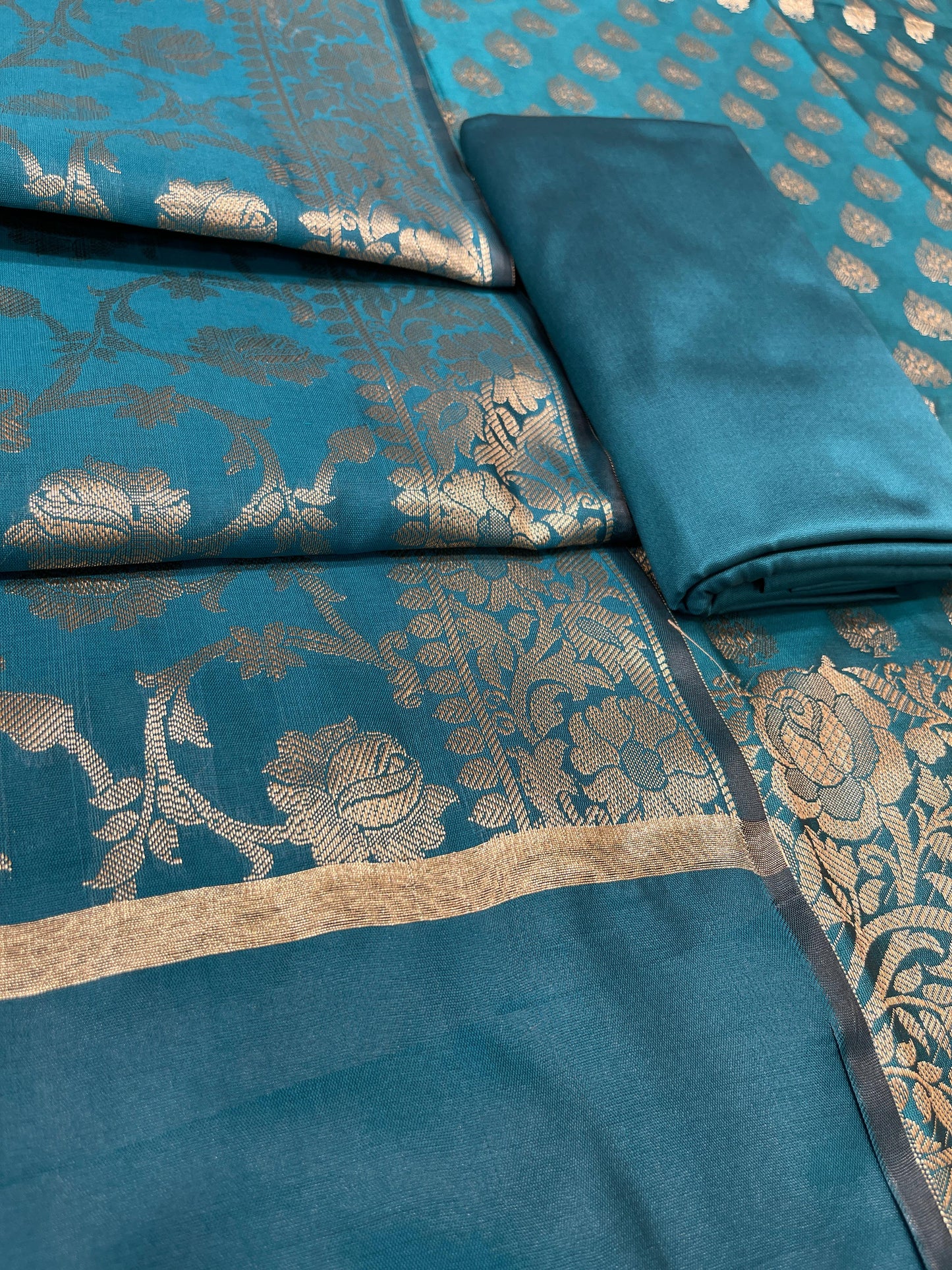 Dark seagreen art silk suit set with floral zari bootas and matching dupatta. SHL_68