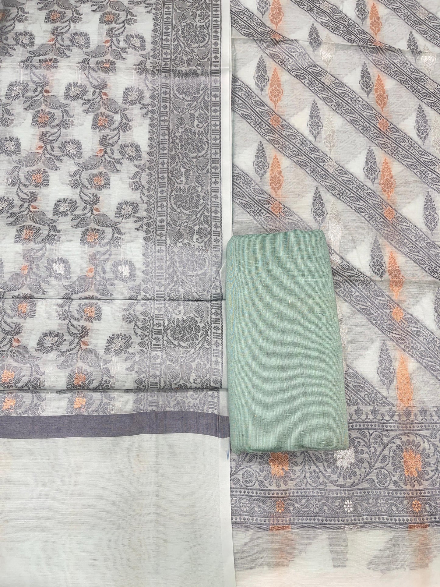 Seagreen cotton suit with diagonal resham stripes and tilfi jaal dupatta. SHL_16