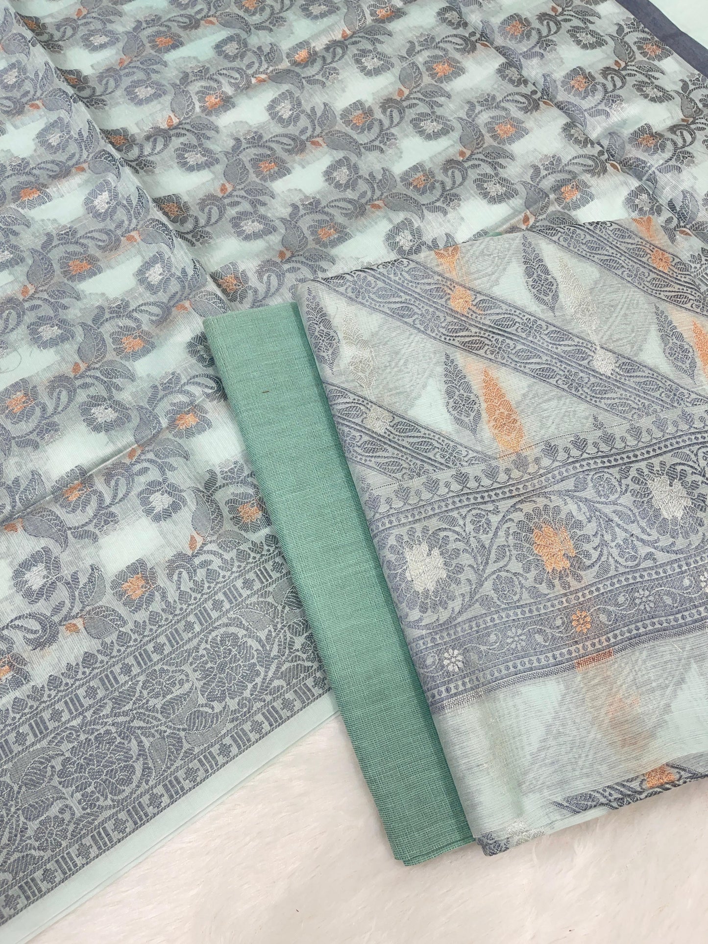 Seagreen cotton suit with diagonal resham stripes and tilfi jaal dupatta. SHL_16
