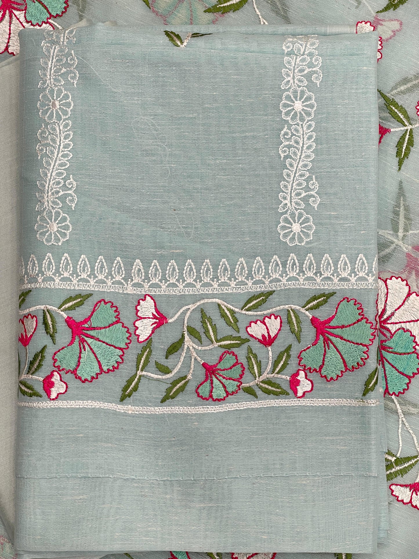 Seagreen Cotton Linen Embroidery Banarasi 3 pcs Suit Set 1200IM_CL4