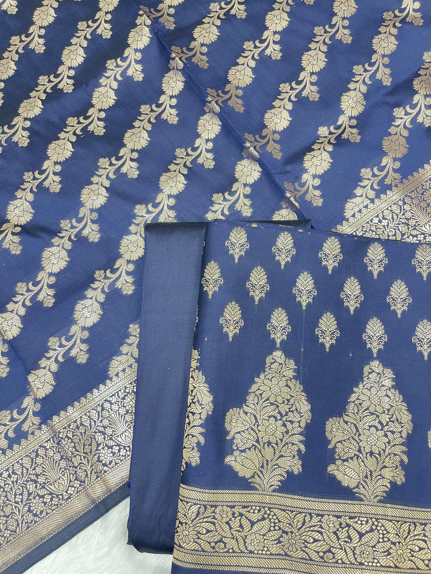 Navy Blue Katan Silk Zari Border Banarasi 3 pcs Suit Set 800JD_KB1