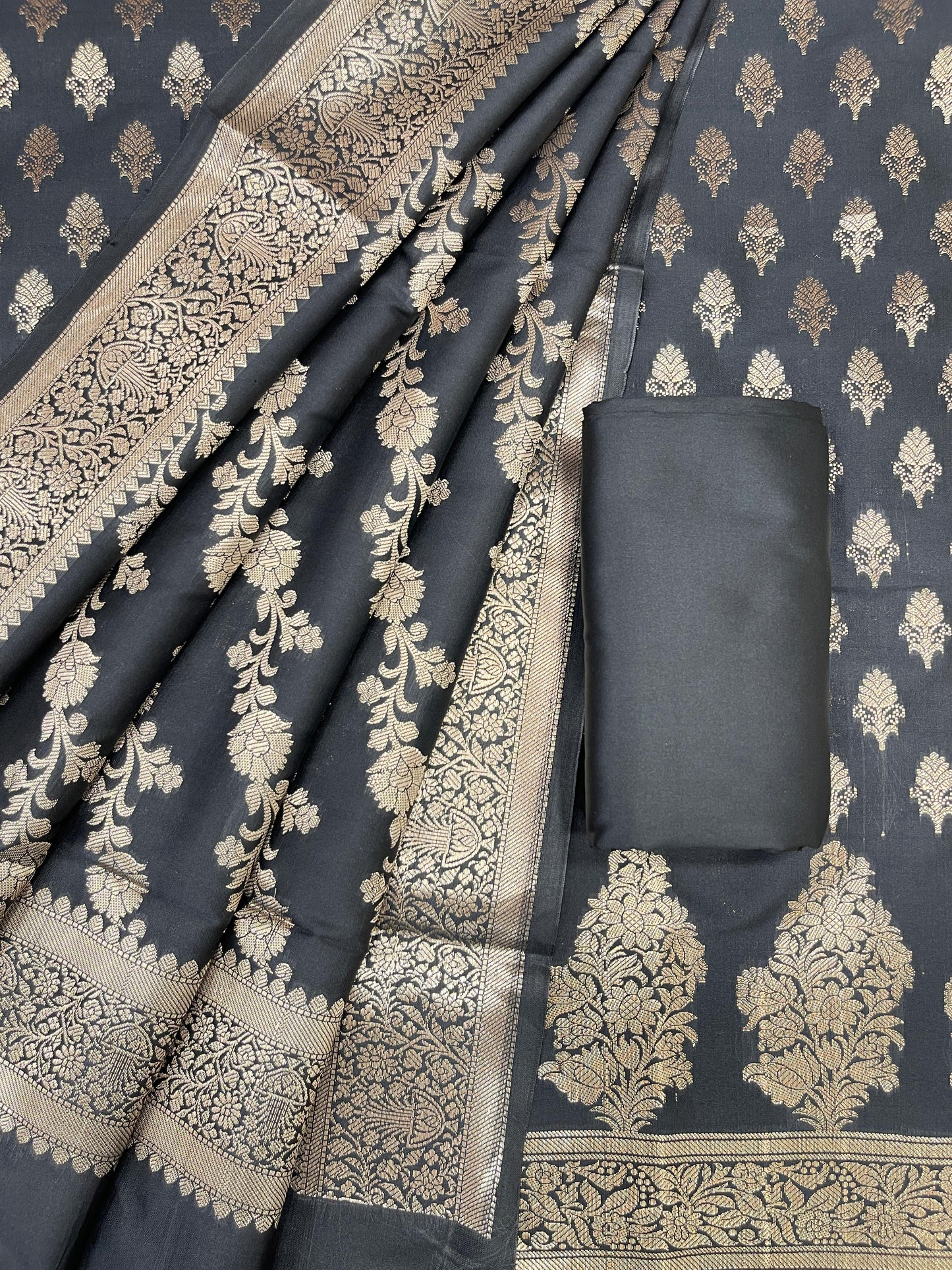 Black Katan Silk Zari Border Banarasi 3 pcs Suit Set 800JD_KB3