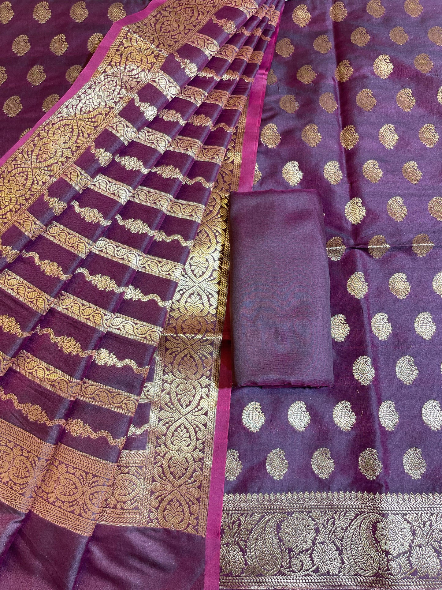 Wine Semi Katan Silk Banarasi 3 pcs Suit Set 750SHL_SK16
