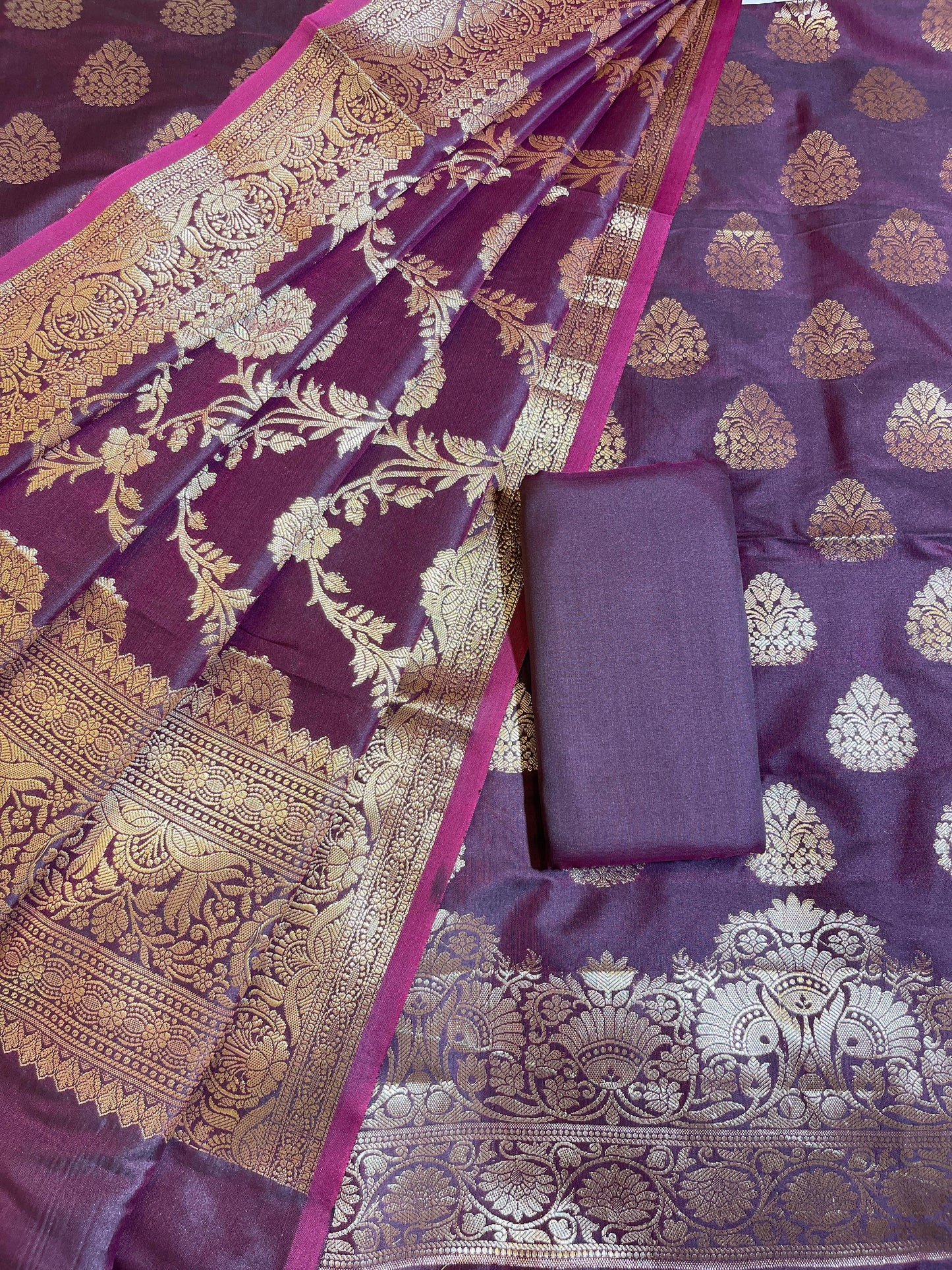 Wine Semi Katan Silk Banarasi 3 pcs Suit Set 750SHL_SK24